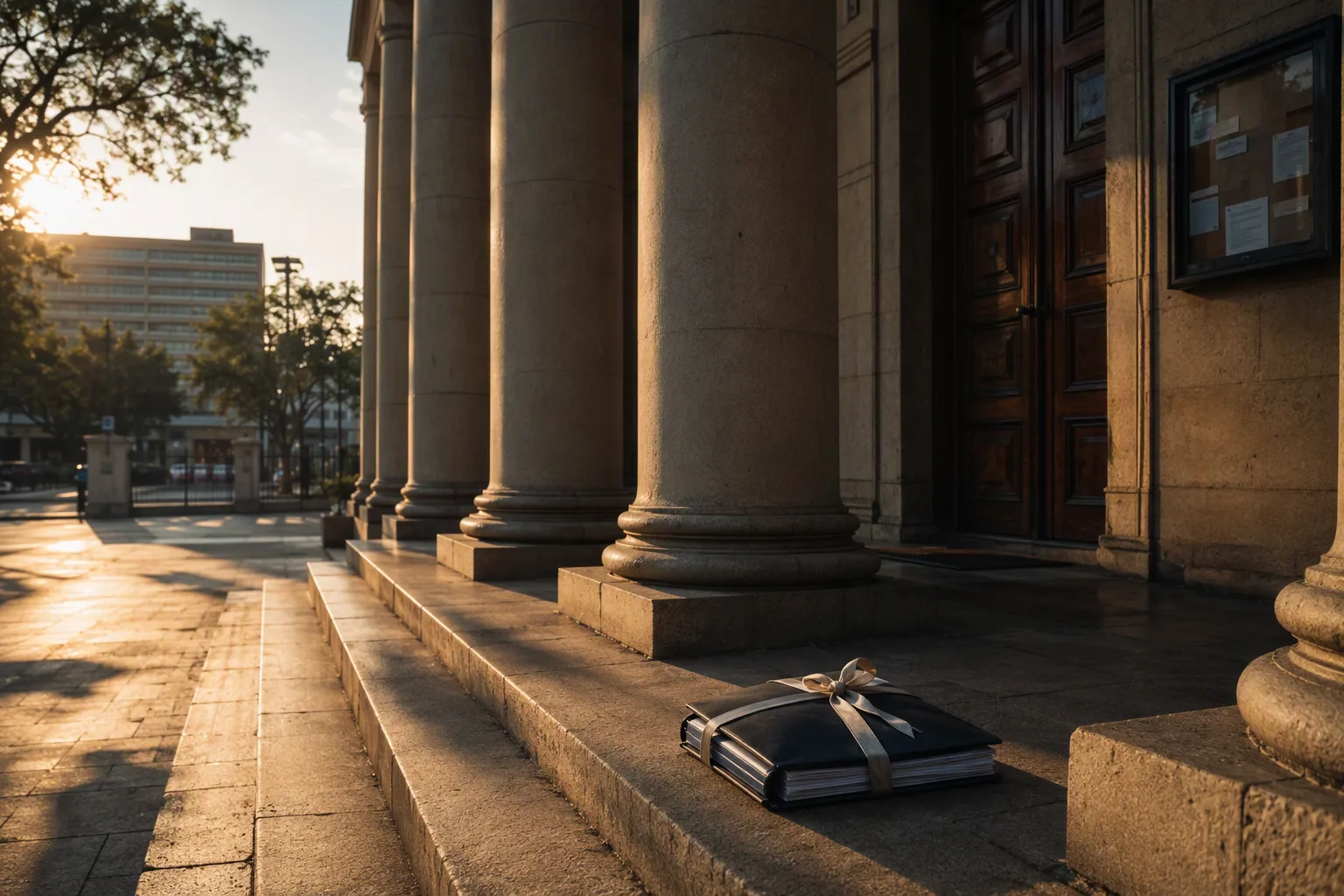 The colonnaded entrance steps of the High Court in Lusaka at first light