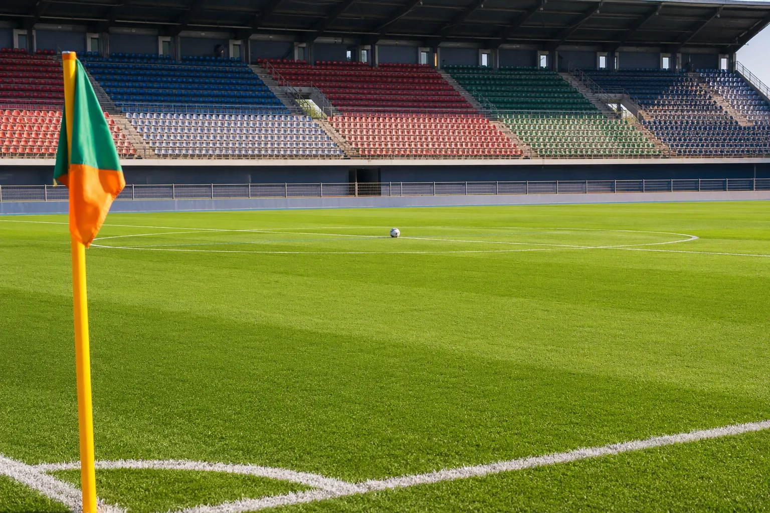 A football on the centre spot of a pristine league pitch before an empty grandstand