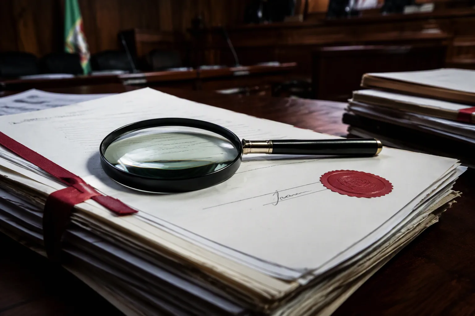 Legal documents with a signature line, a company registry seal and a magnifying glass on a courtroom bench