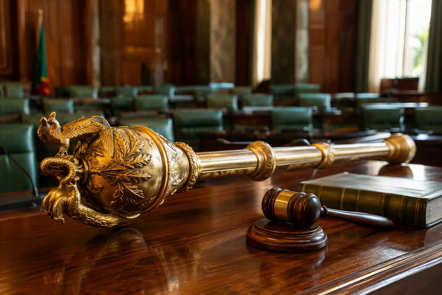 The parliamentary mace and a brass gavel resting on a polished wooden table in the National Assembly chamber