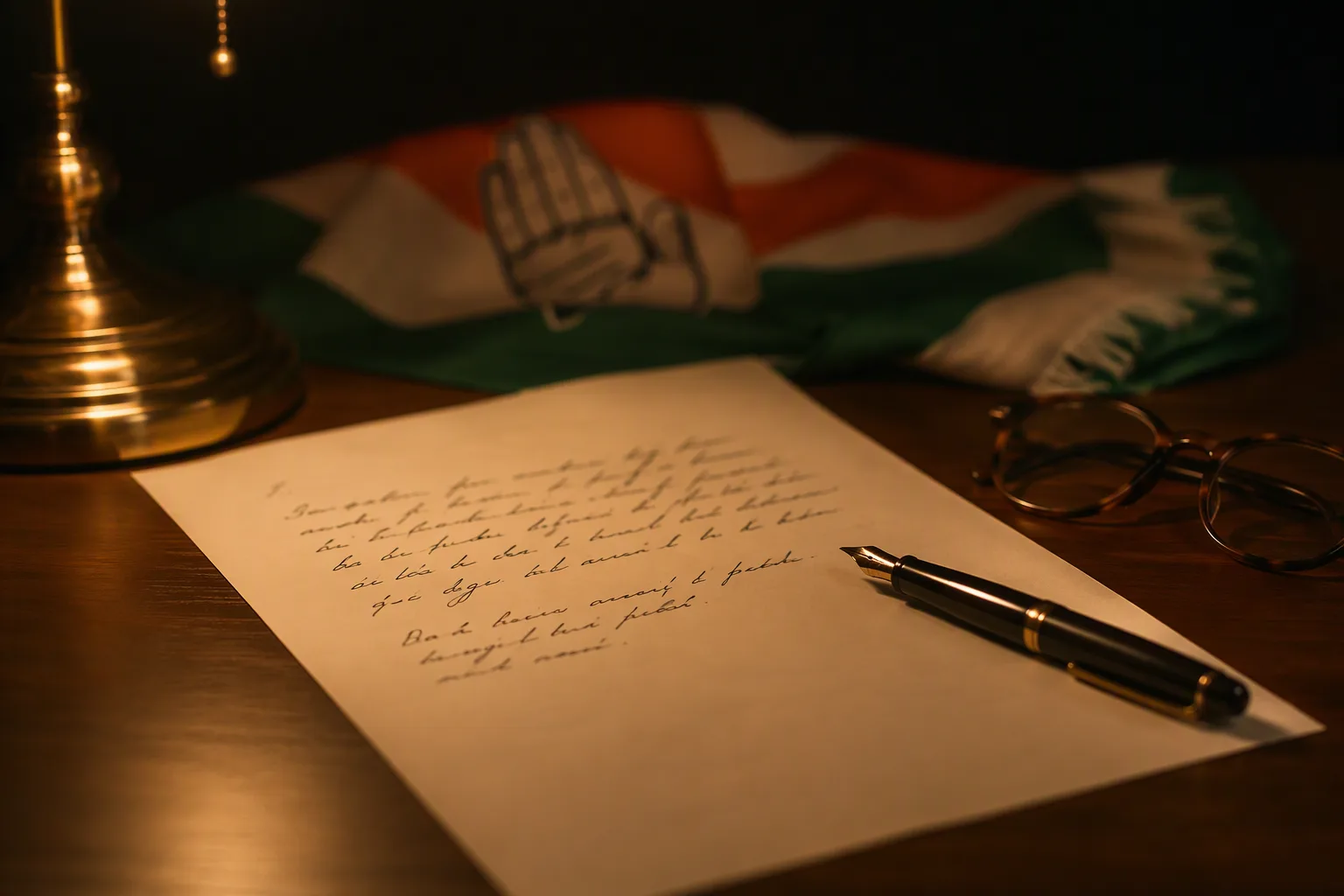 A handwritten resignation letter on a wooden desk beside a fountain pen and reading glasses