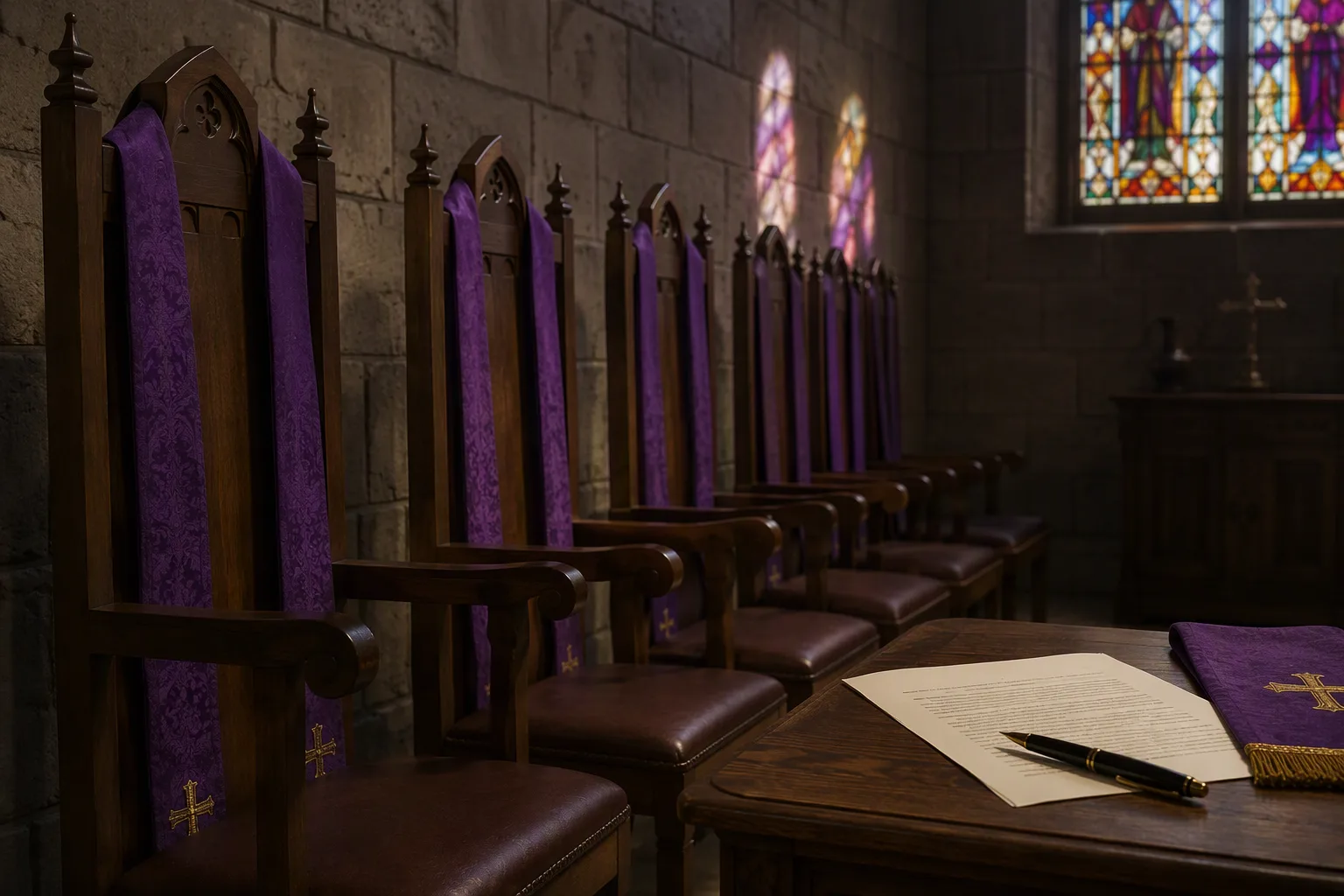 Purple episcopal stoles draped over tall wooden chairs along a cathedral sacristy wall, a typed communiqué on a table