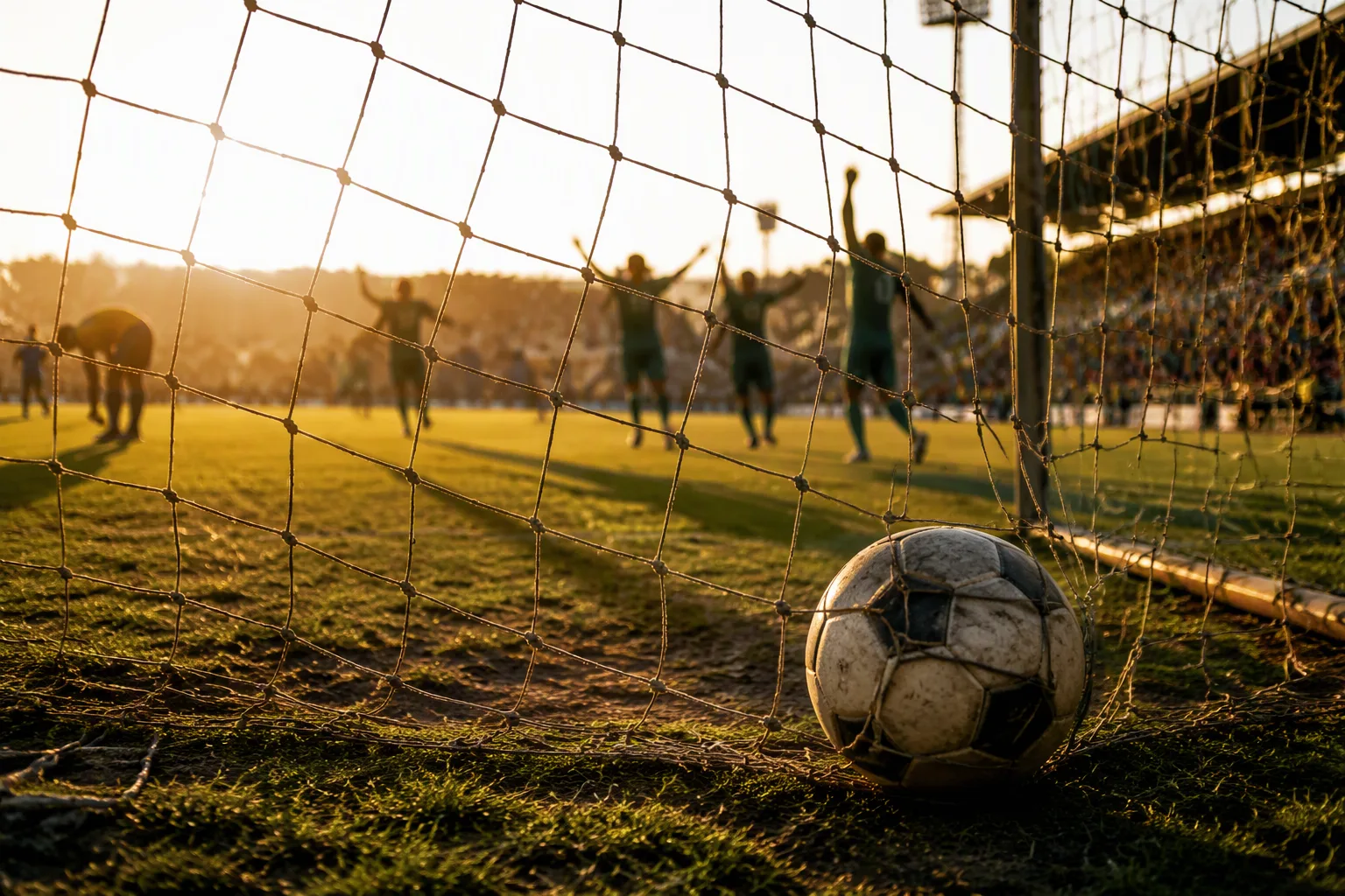 A football in the back of a goal net seen from behind, blurred players celebrating in late-afternoon sun