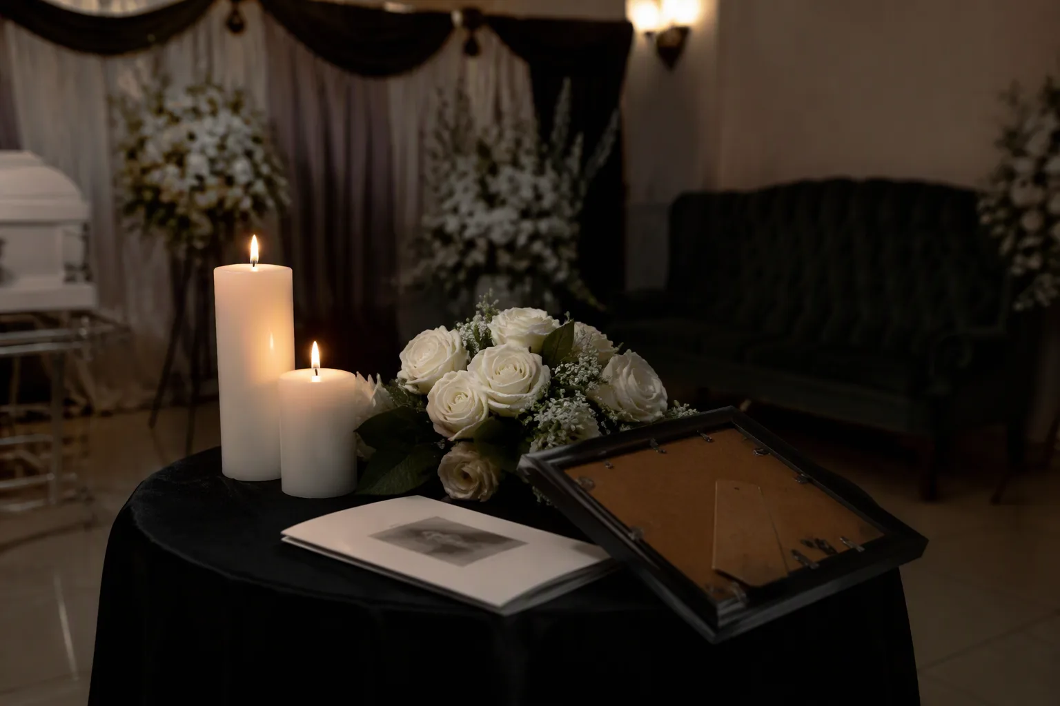Two white candles and white roses on a black-draped table in a dim funeral parlour, an empty frame lying face down