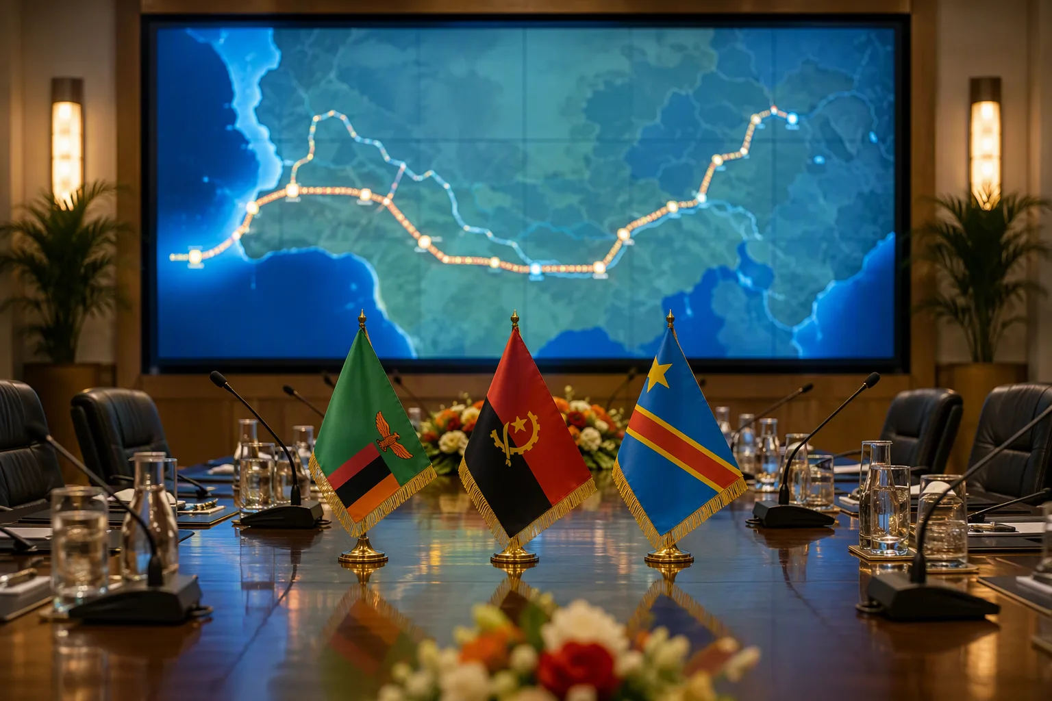 A conference table set with the small flags of Zambia, Angola and DR Congo, a glowing corridor map on a screen behind