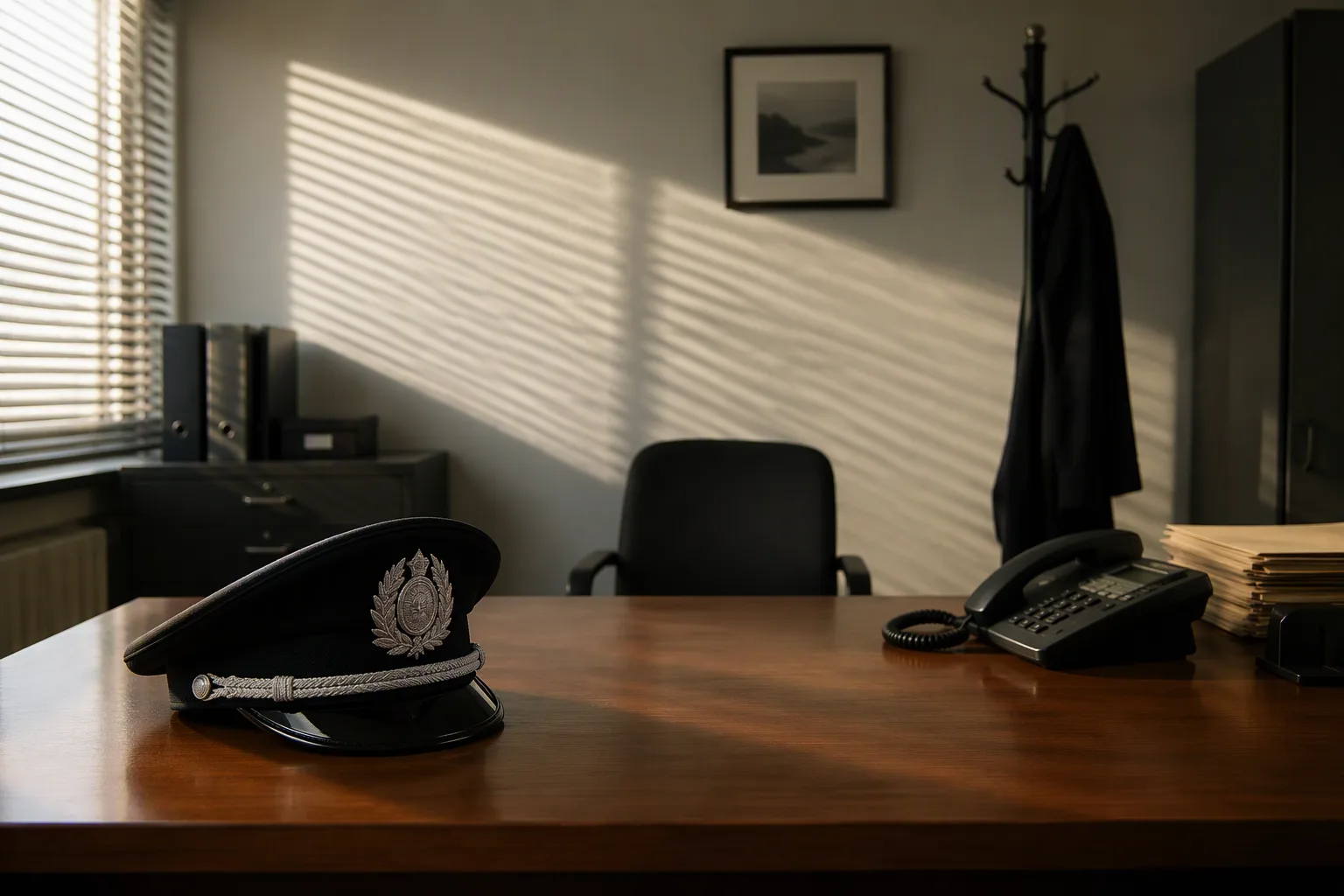 A senior police officer's peaked cap resting on a cleared desk beside a folded Zambian flag in an empty office