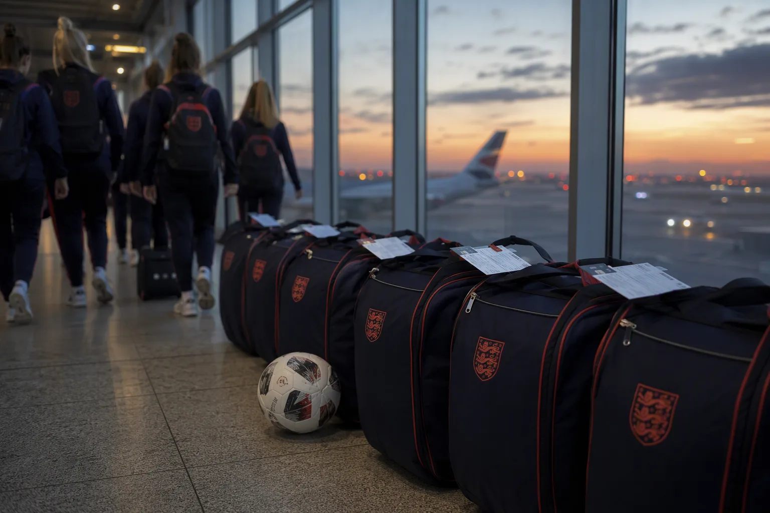 Matching national-team kit bags and a football at an airport departure gate at dawn, runway lights through glass