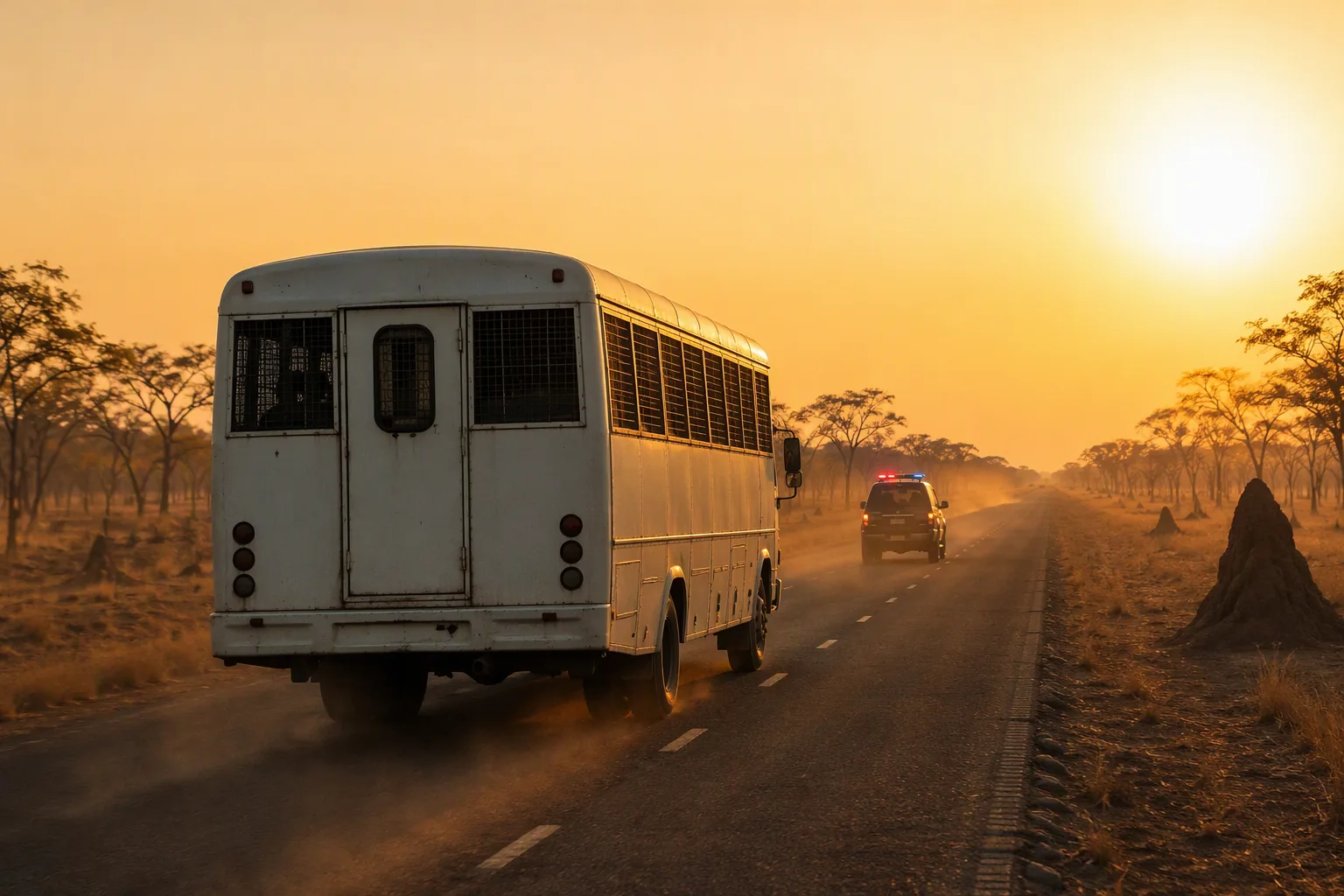 A white prison transport bus with barred windows on a long Zambian highway at sunrise, followed by an escort vehicle
