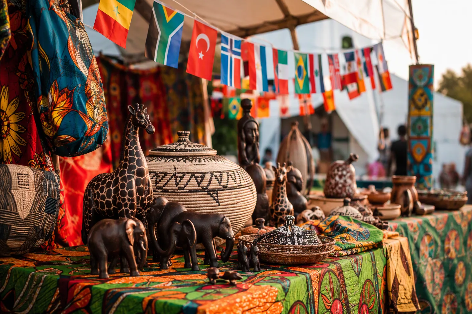 Zambian crafts, woven baskets and chitenge fabrics at a cultural fair stall beneath bunting of many nations' flags