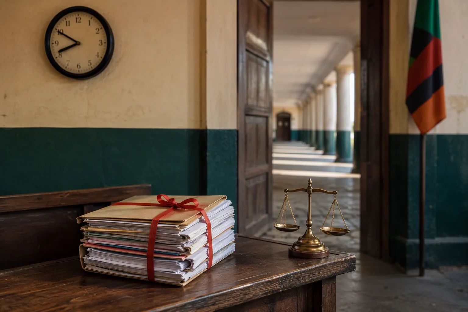 A prosecutor's ribbon-tied case file and a brass scales-of-justice paperweight on a bench outside a courtroom, a wall clock behind