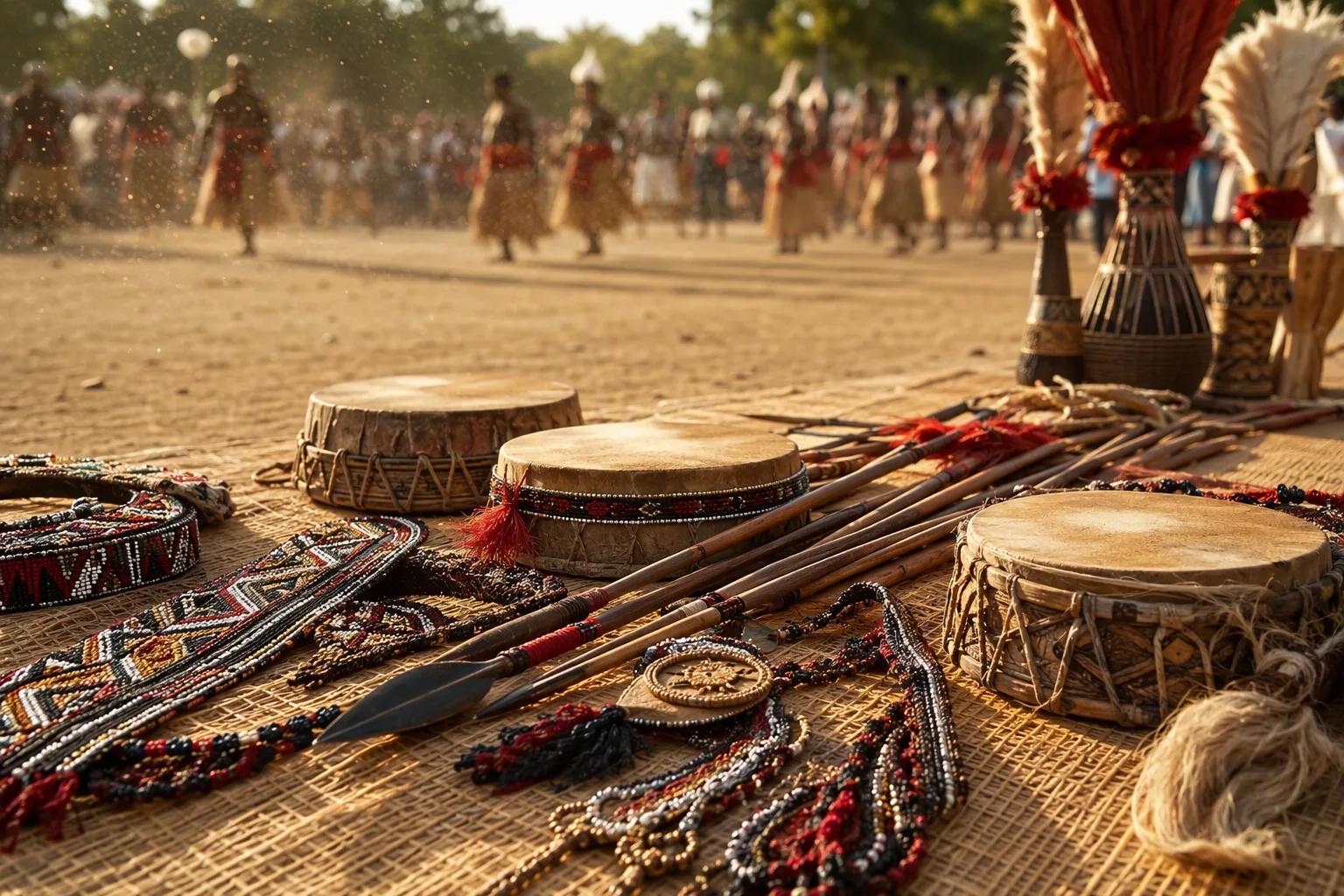 Tonga ceremony regalia — beaded belts, hand drums and ceremonial spears — laid on a reed mat in golden dust