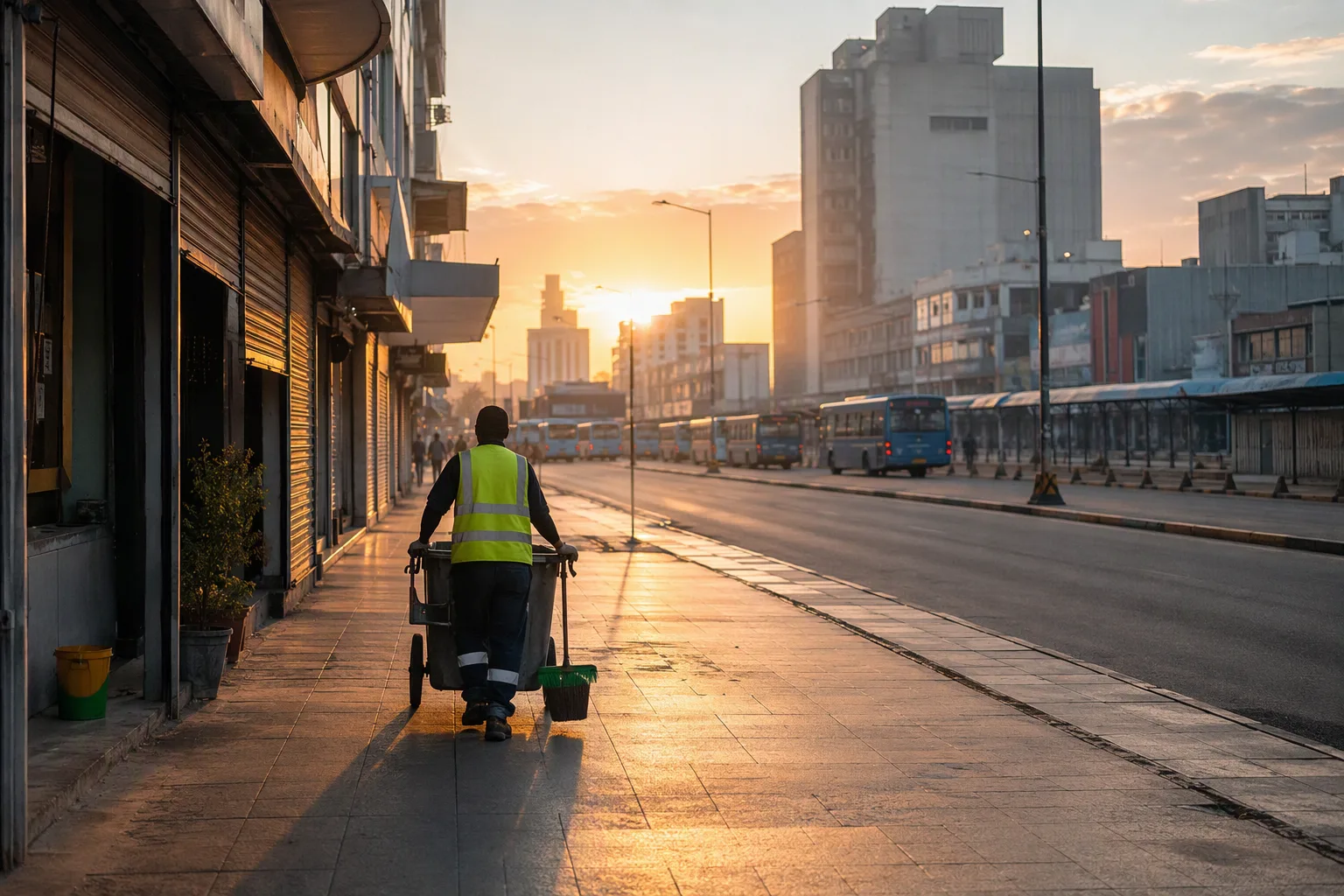 A freshly cleared wide Lusaka CBD pavement at sunrise, a council worker pushing a cleaning cart past half-raised shutters