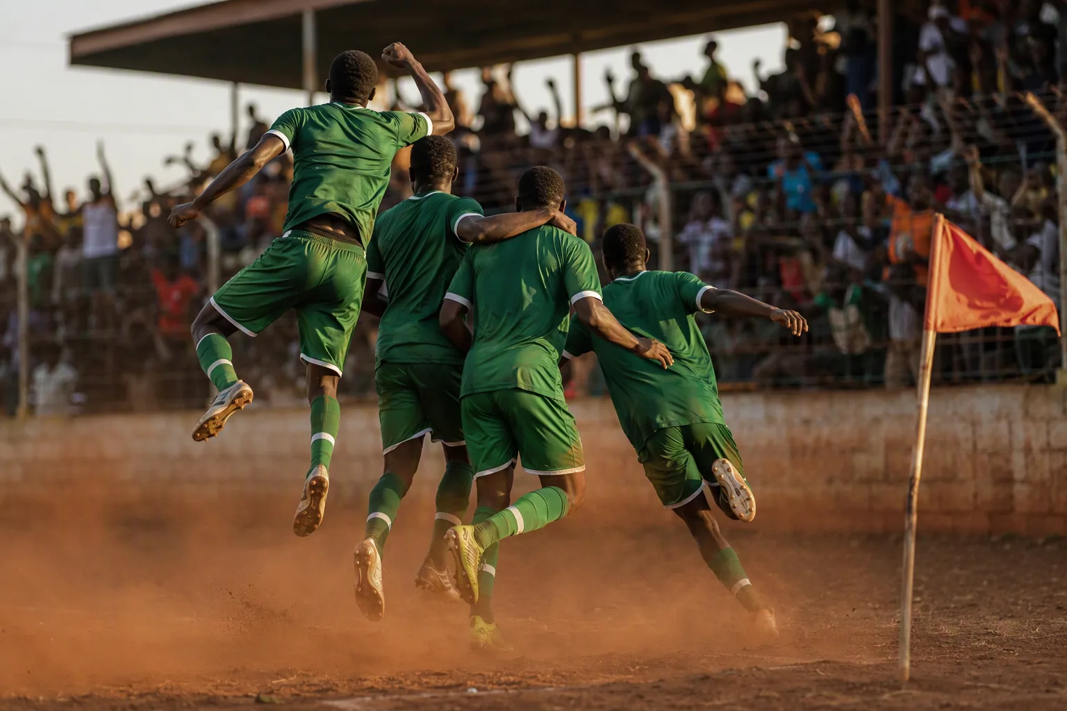 Footballers in green celebrating near a corner flag at a small Copperbelt stadium, dust rising in late-afternoon light