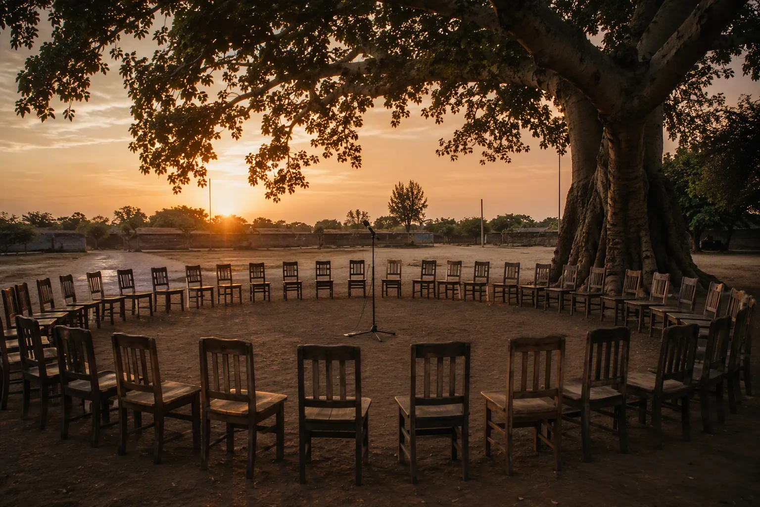 A wide circle of empty wooden chairs under a great tree on a dusty civic ground at dusk, a single microphone at the centre