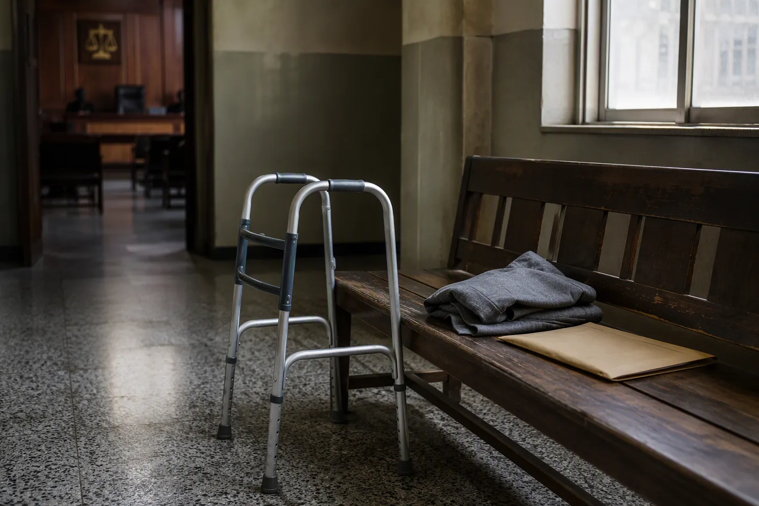 An aluminium walking frame beside a worn wooden bench outside a Lusaka courtroom, a folded jacket and manila envelope on the bench