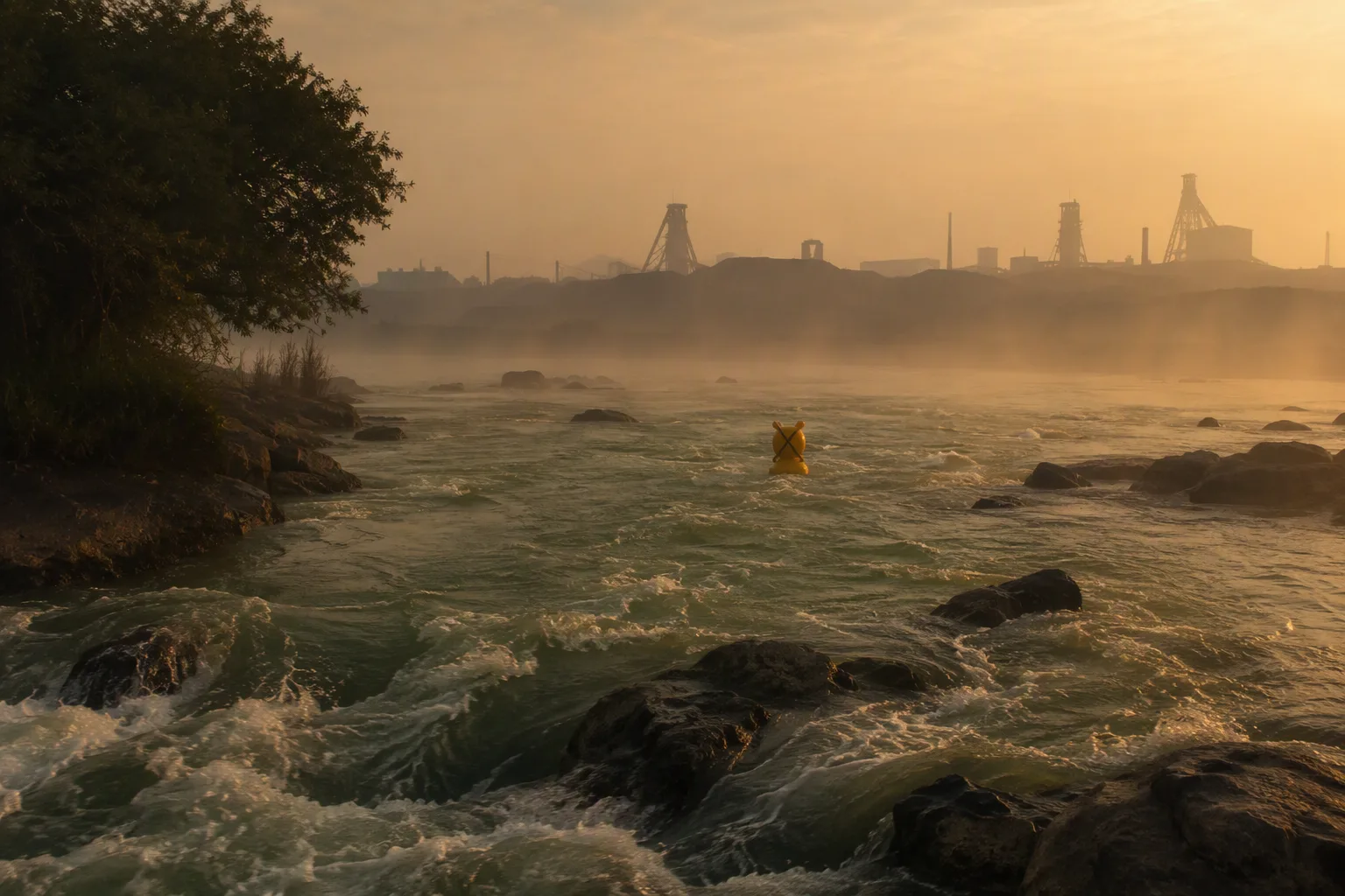 The Kafue River at dawn, greenish water swirling over rocks with mining headgear silhouettes in the haze