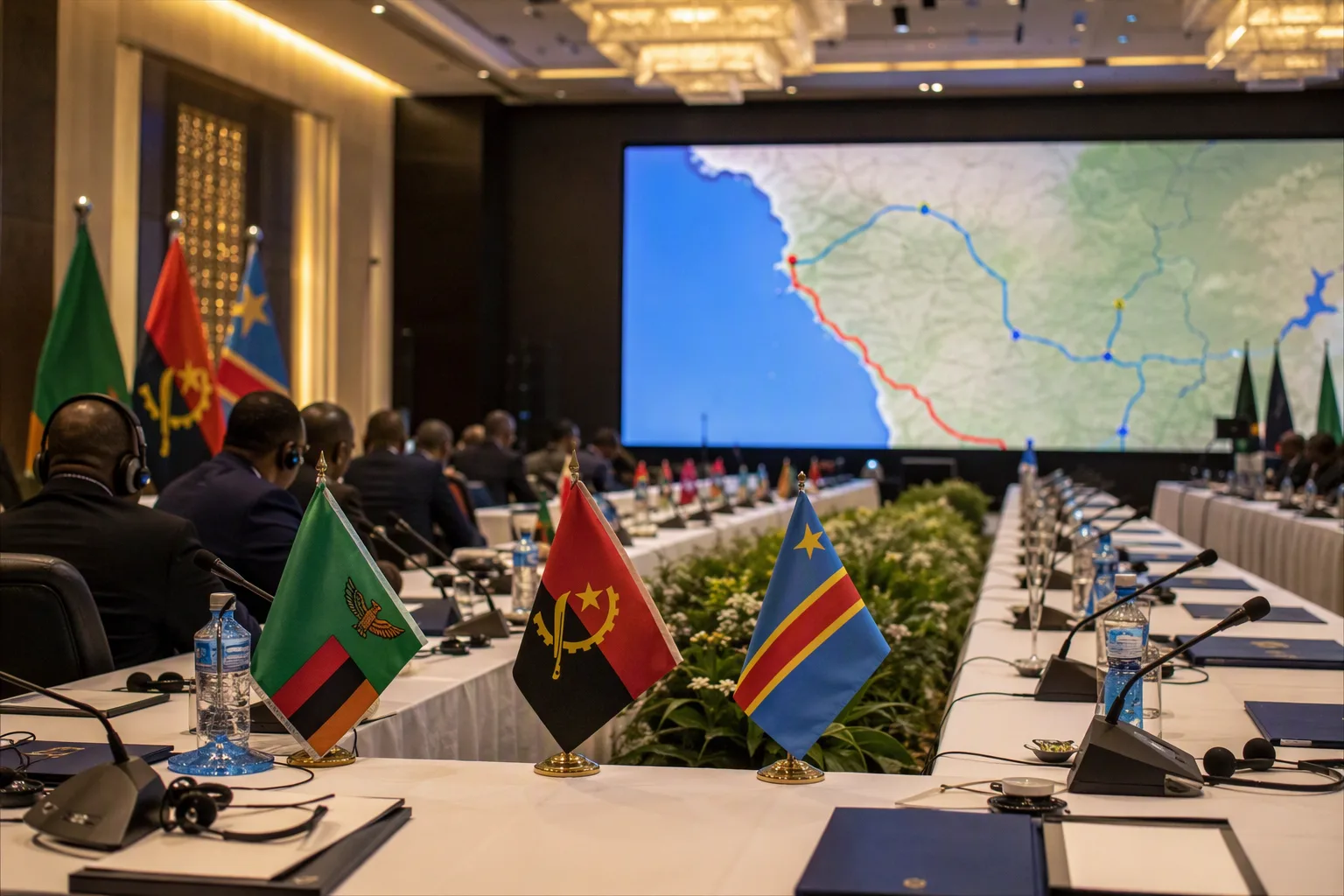 A summit table set with the flags of Zambia, Angola and DR Congo, a glowing corridor map on a screen behind