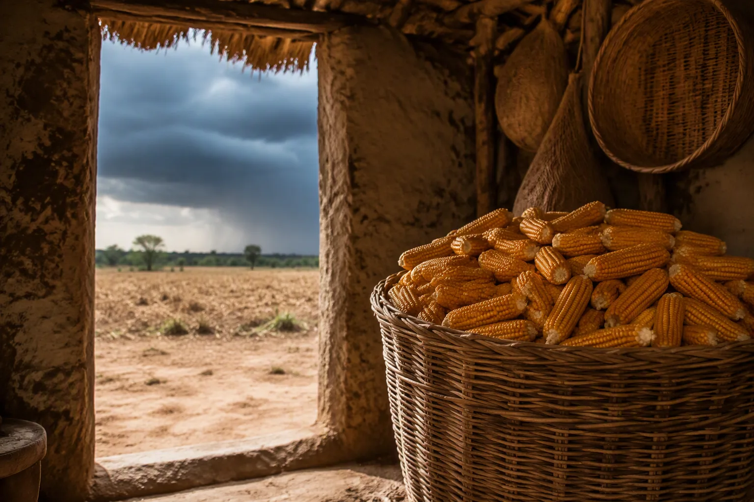 Golden maize cobs heaped in a traditional woven granary basket, storm clouds gathering over dry fields beyond the doorway