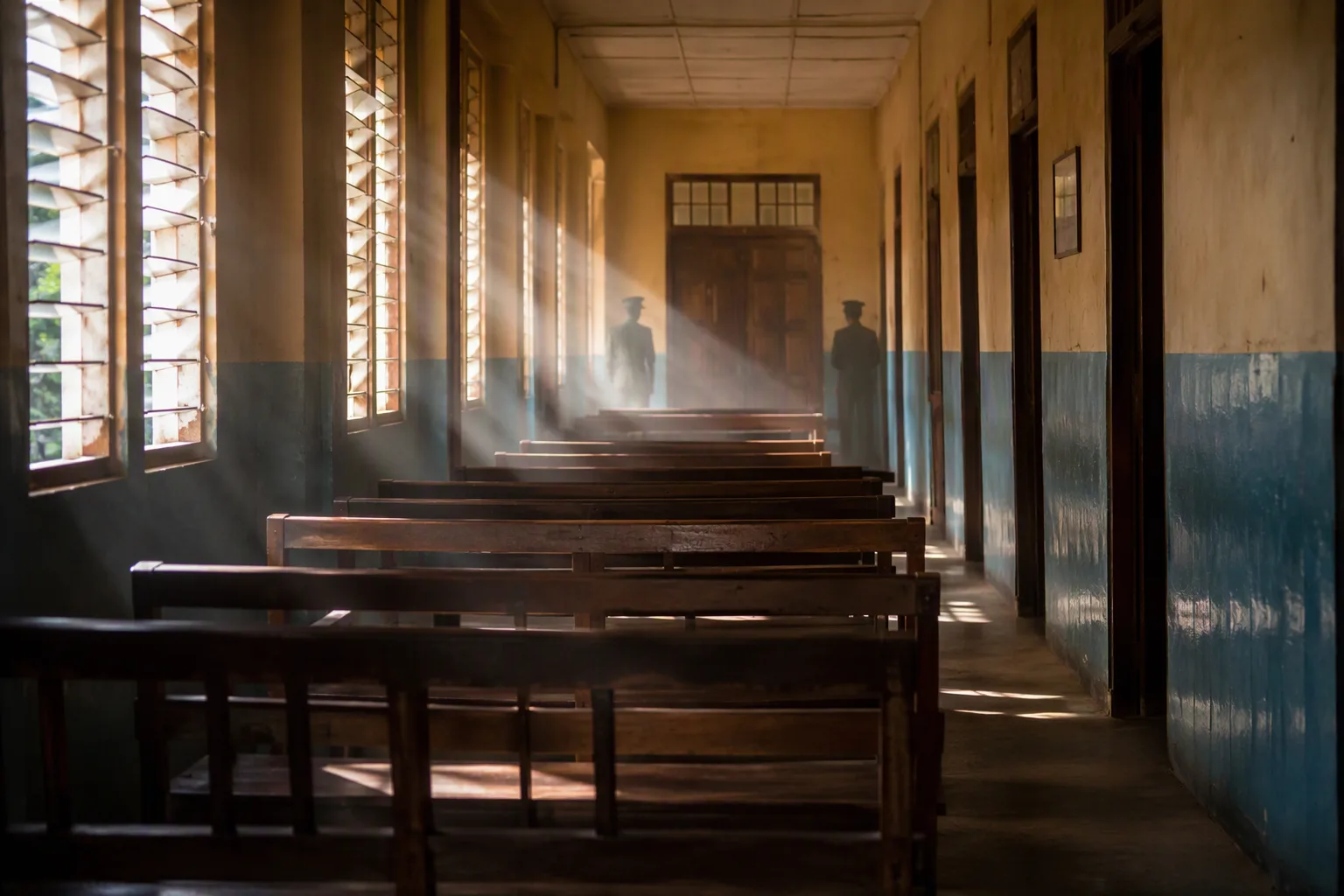 The corridor of a provincial magistrates' court at opening hour, empty benches facing a closed courtroom door