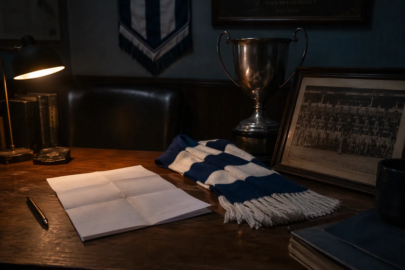 A folded court summons on an empty club office desk beside a vintage blue-and-white football scarf and an old trophy