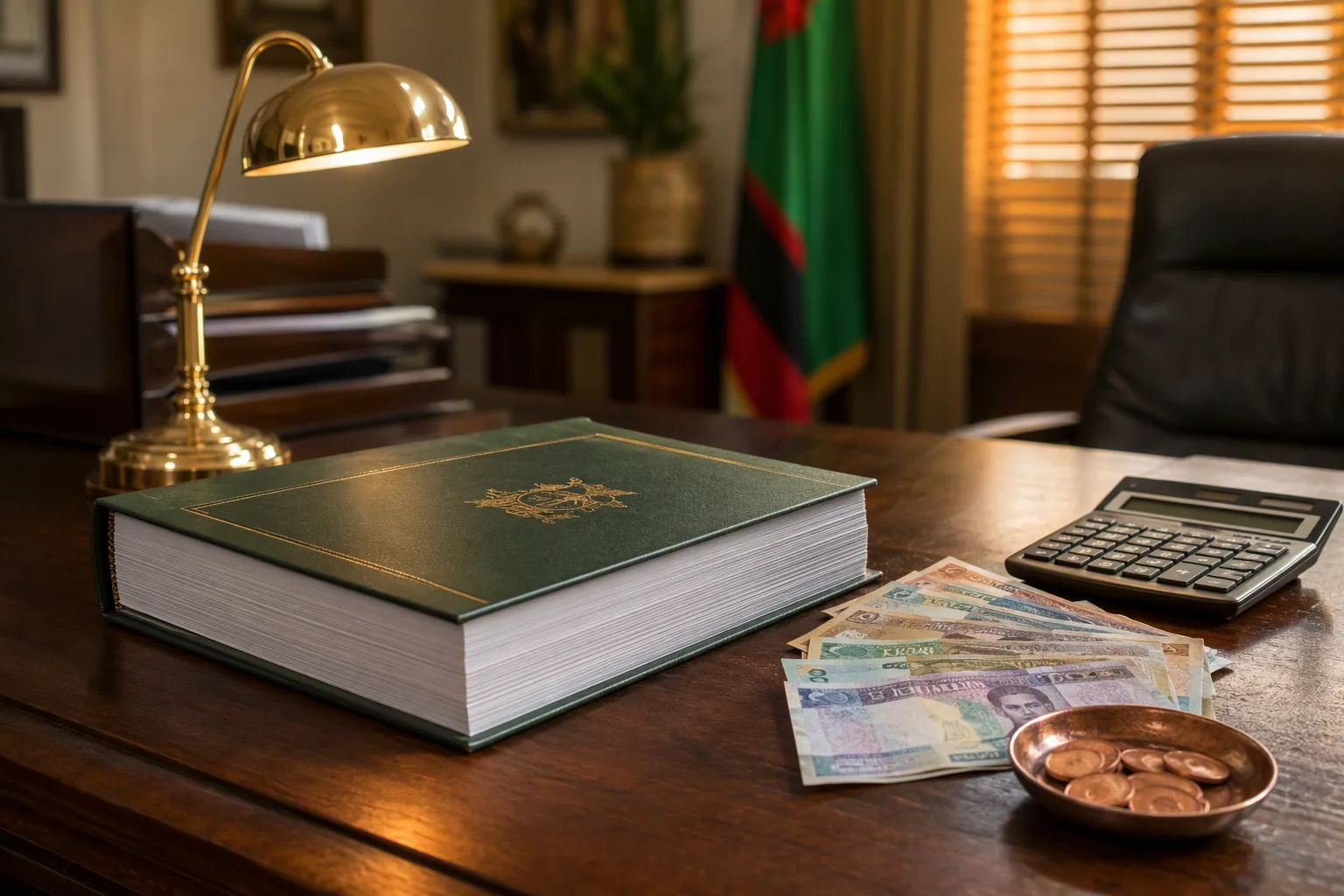 A thick budget volume on a wooden desk, kwacha banknotes fanned beside a calculator, copper coins in a dish, warm lamplight