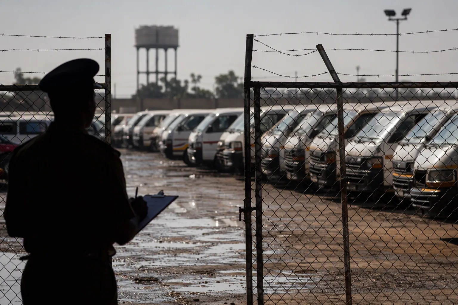 Rows of impounded minibus taxis in a council yard behind a chain-link fence, an officer's silhouette at the gate