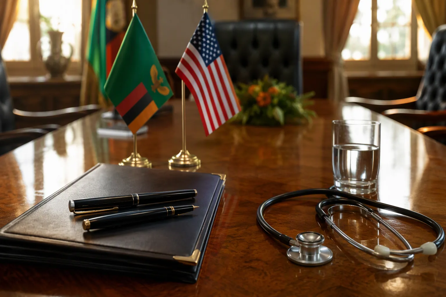 A boardroom table set for a signing ceremony, two pens on a closed folder, small Zambian and American flags, a stethoscope coiled nearby