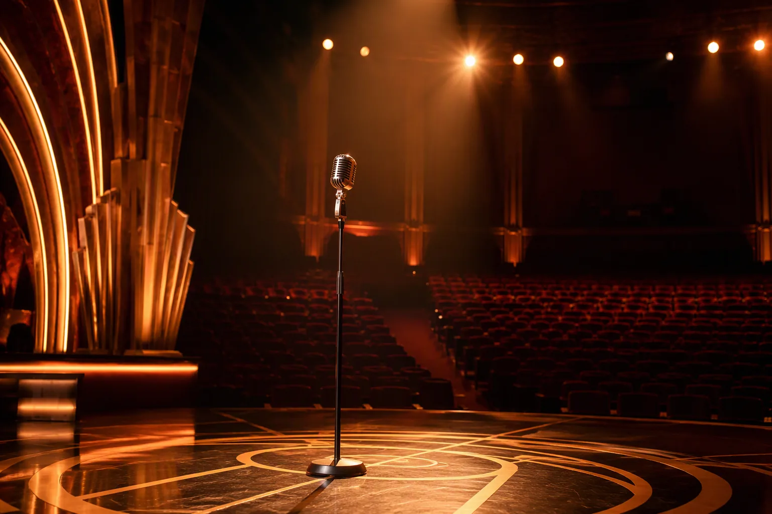 An empty awards stage in amber and copper spotlight, a vintage microphone at centre stage, velvet seats in darkness