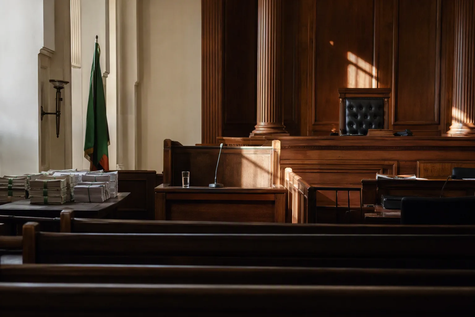 A witness stand seen from an empty public gallery, bundled ballot papers stacked as exhibits on a side table