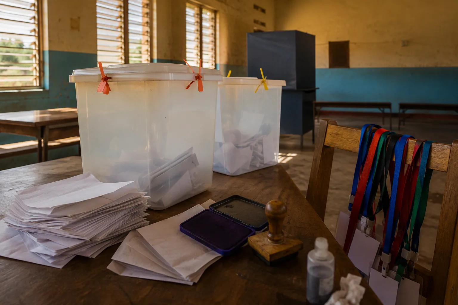 Folded nomination papers and sealed ballot boxes on a school-hall table, an ink pad and wooden stamp, agent lanyards over a chair