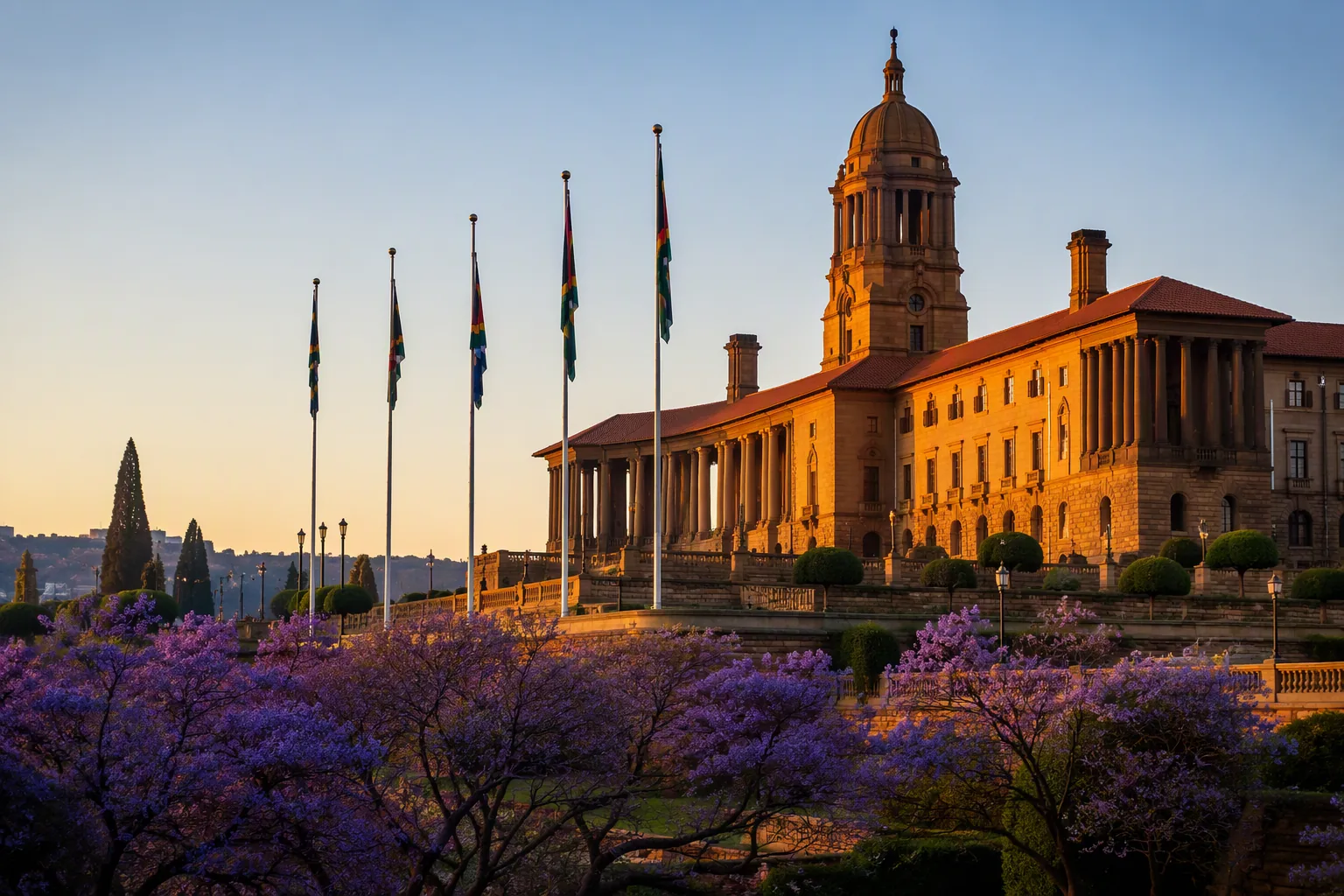 A grand parliament building at first light, copper-toned roof glowing, still flags on tall poles, jacaranda blossom in the foreground