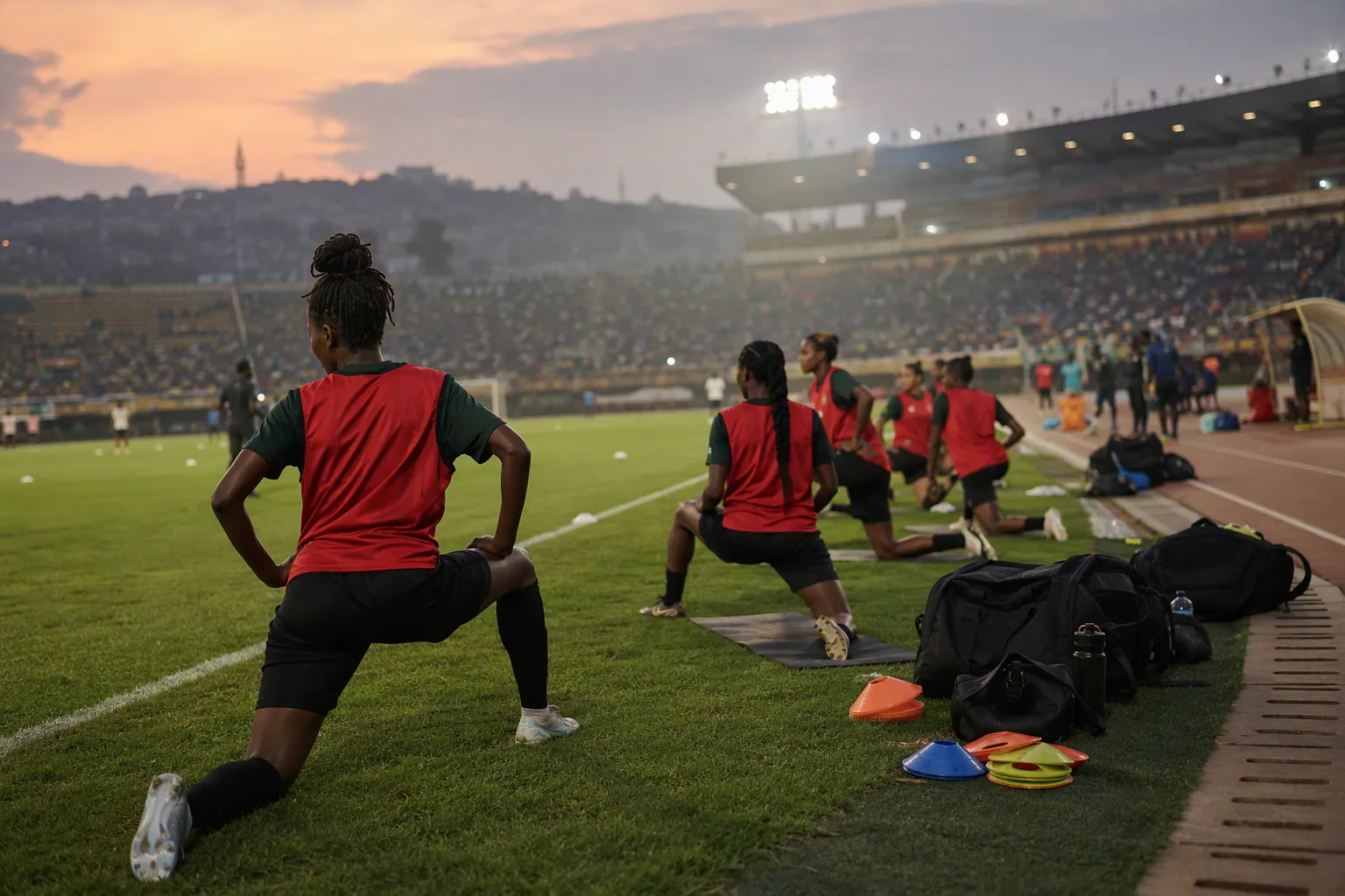 Women footballers in red training bibs stretching on a stadium pitch at dusk, kit bags and cones along the touchline