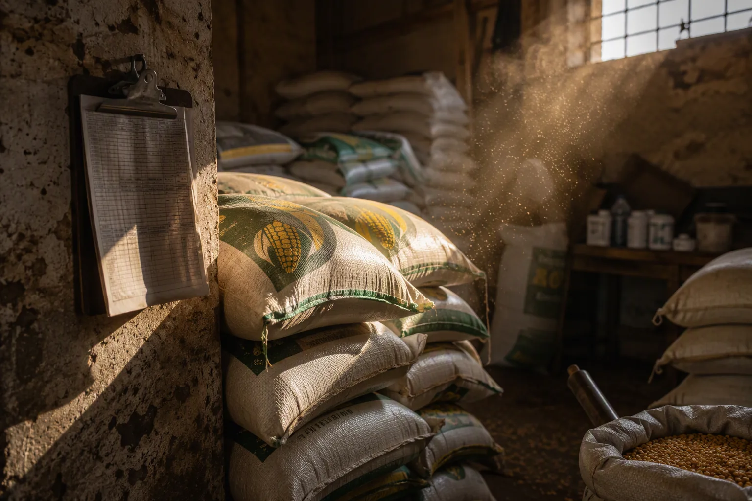Stacked woven sacks of certified maize seed in an agro-dealer warehouse, golden dust in a blade of light