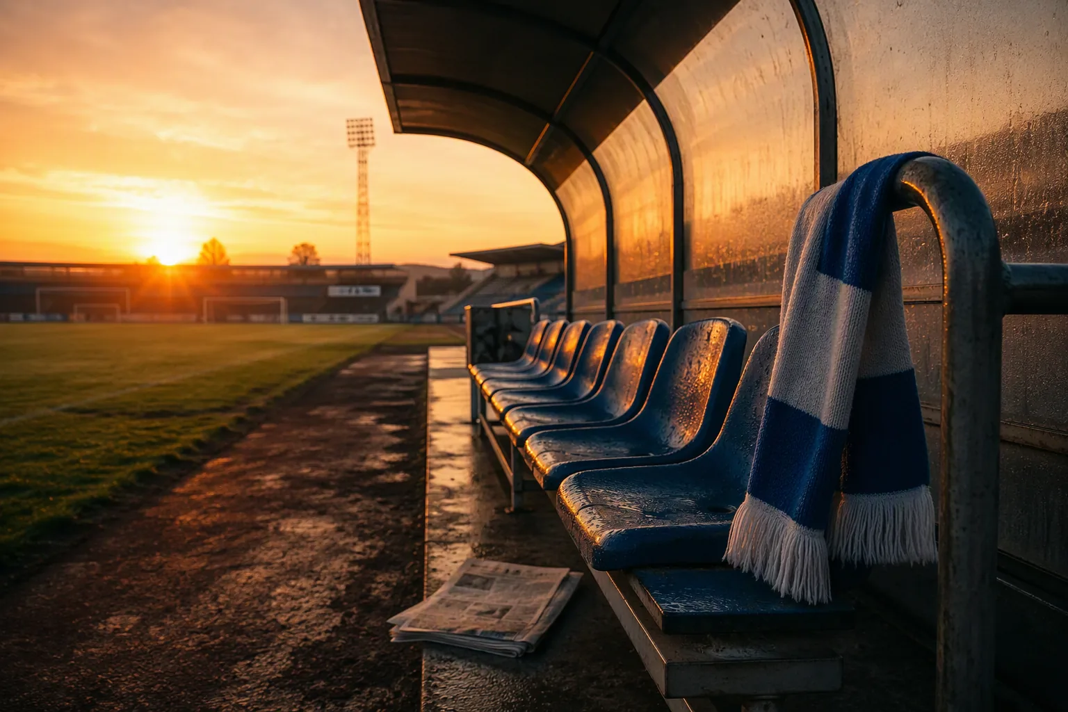 An empty touchline bench at a small Copperbelt stadium at dawn, a blue and white scarf draped over the rail