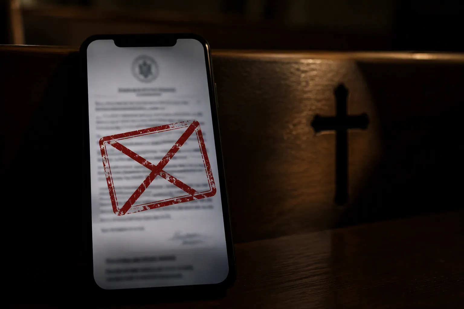 A smartphone glowing in the dark showing a blurred official-looking statement, a red 'FAKE' stamp across the screen, church pew in shadow behind