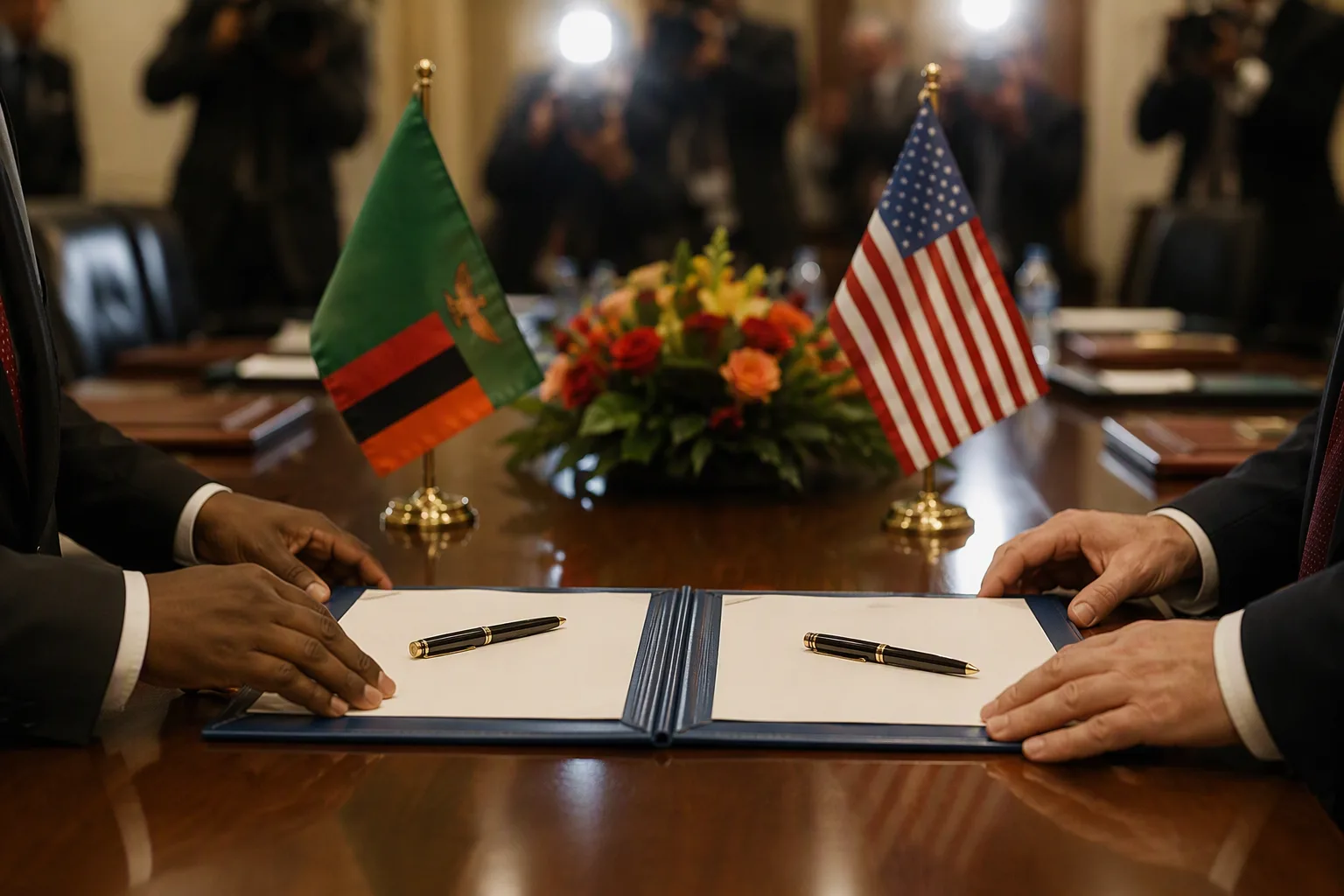 Two officials at a polished table exchanging a signed blue folder, small Zambian and American flags between them, cameras flashing
