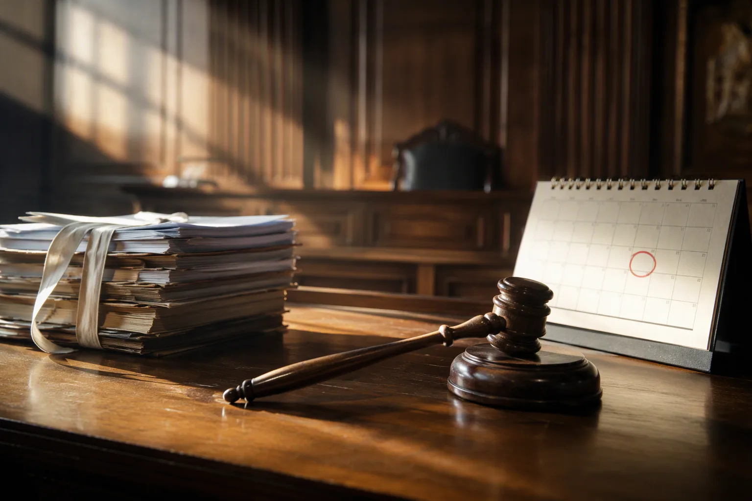 A judge's gavel beside a desk calendar open at August, a ring around the 17th, court papers stacked nearby