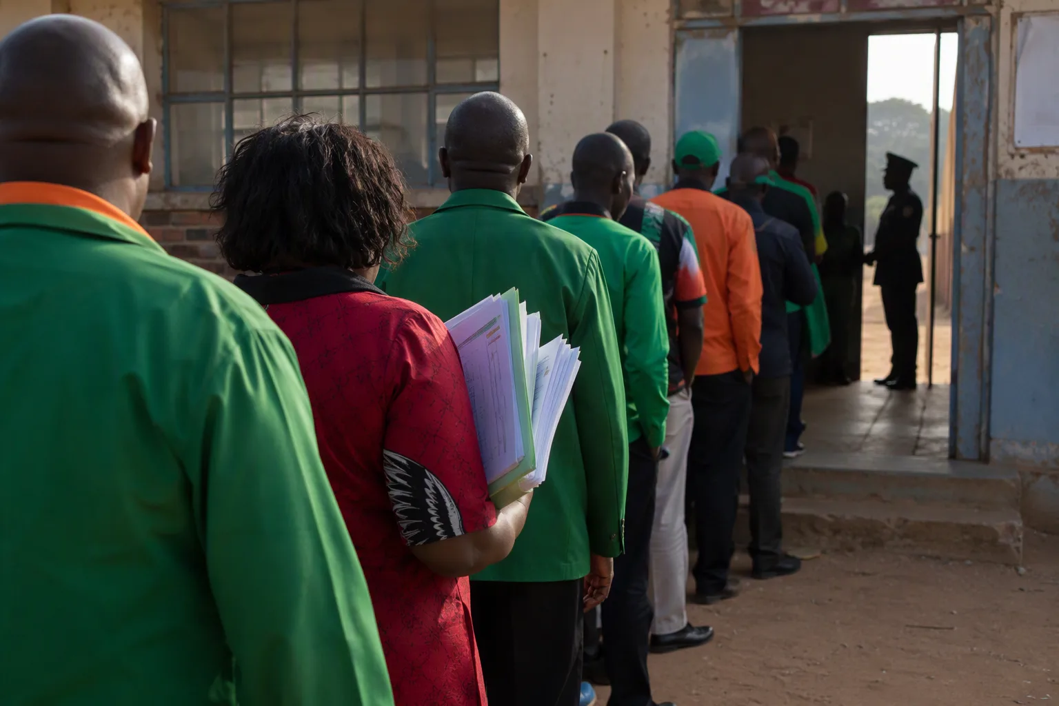 A queue of party officials in campaign colours outside a nomination centre, one holding a folder of stamped papers, police officer at the door