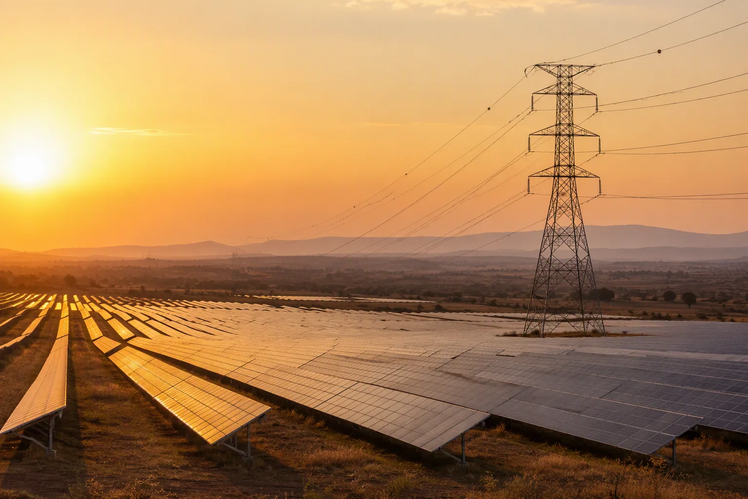 Rows of solar panels stretching toward a hazy horizon, a pylon and new transmission line crossing the frame, Copperbelt sky