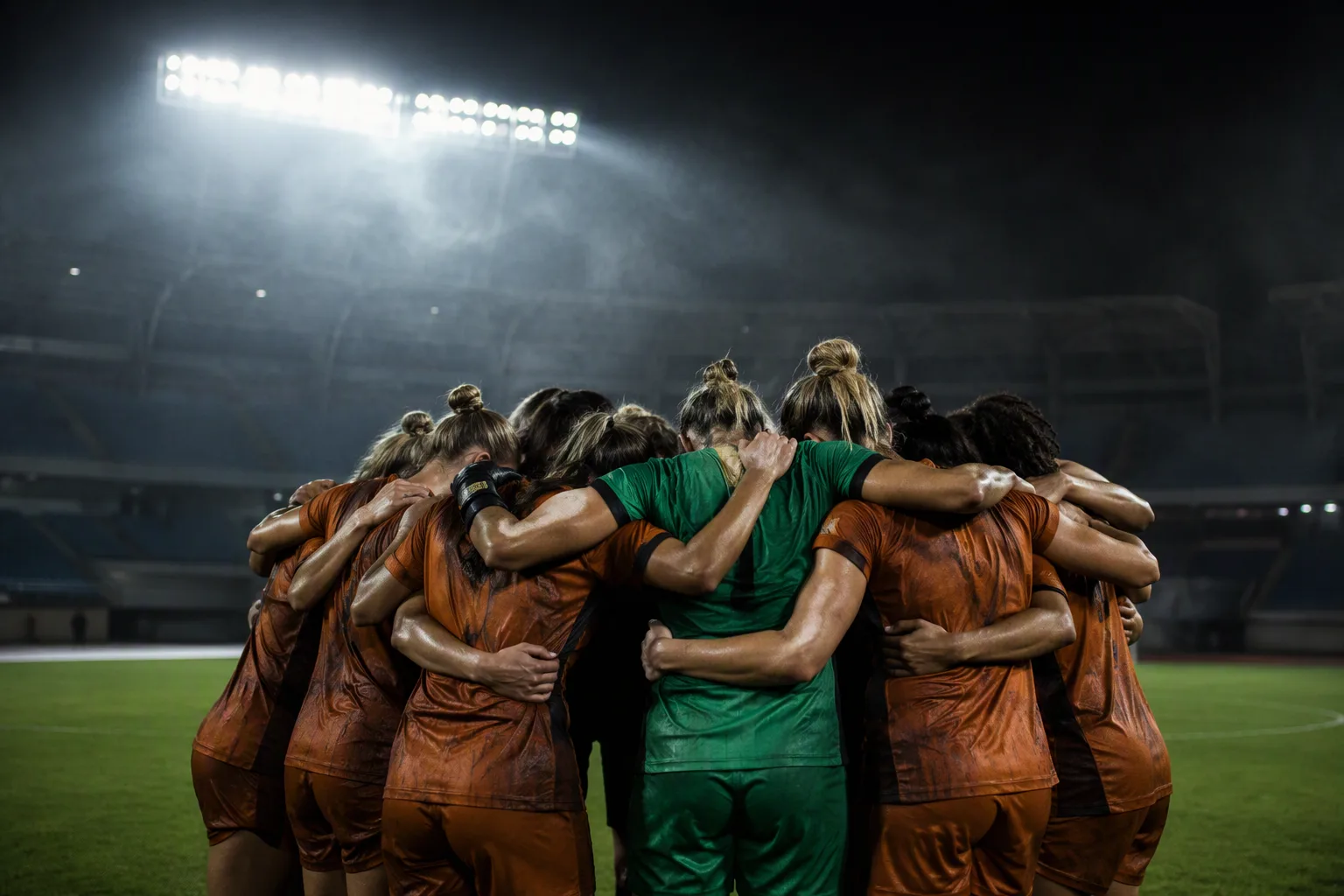 Women footballers in copper and green kits in a tight pre-match huddle under stadium lights, arms on shoulders