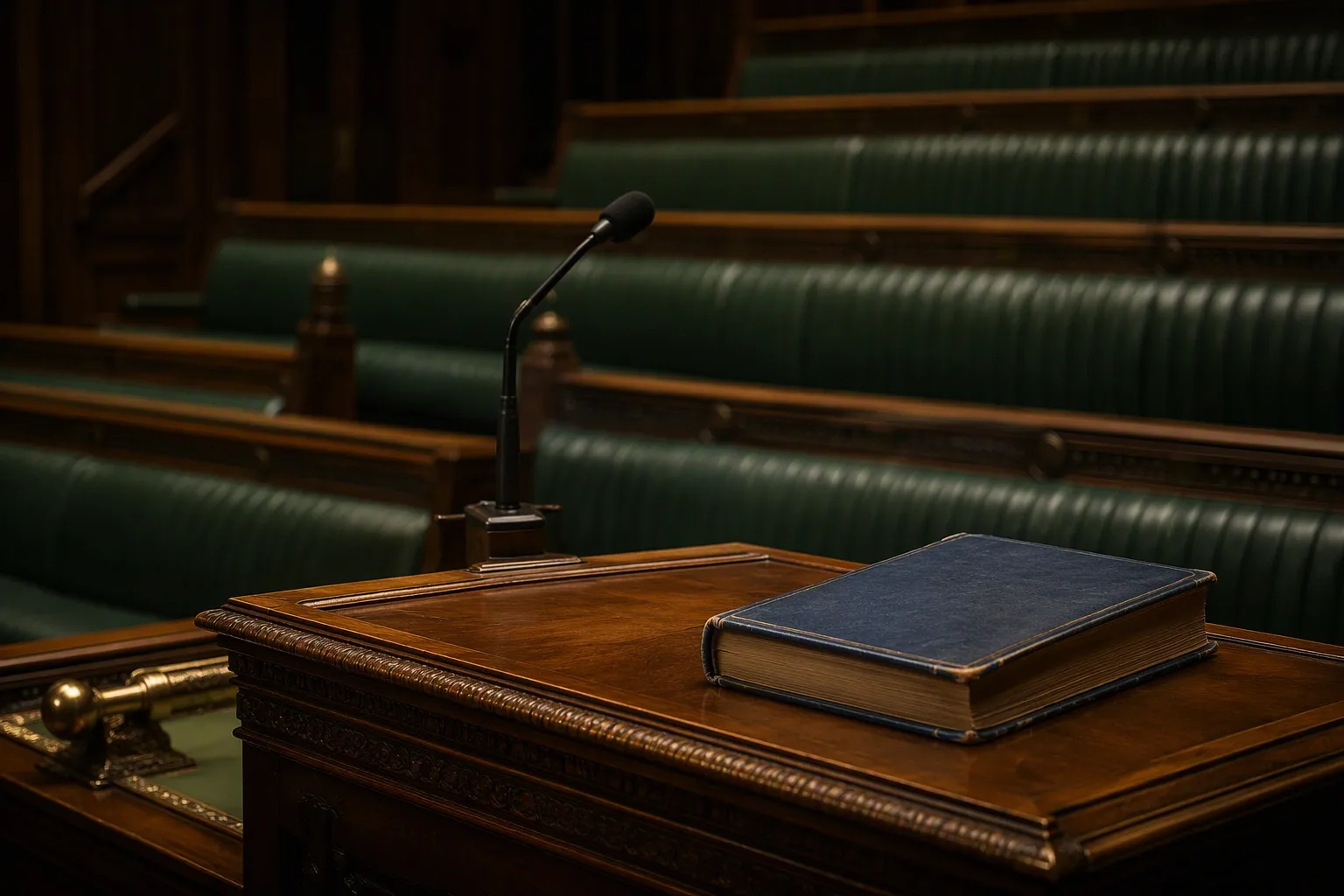 A single microphone on a lectern in an empty parliamentary chamber, the constitution in a worn blue cover beside it