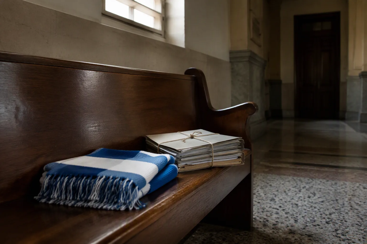 A courthouse corridor bench with a blue-and-white football scarf folded on it, a file of legal papers beside