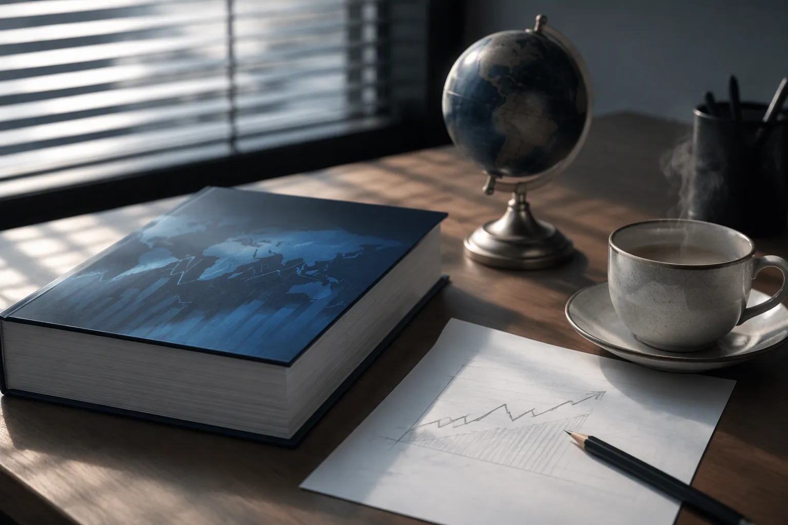 A thick economic report on a desk beside a small globe, an upward-pencilled chart and a cup of tea, morning light
