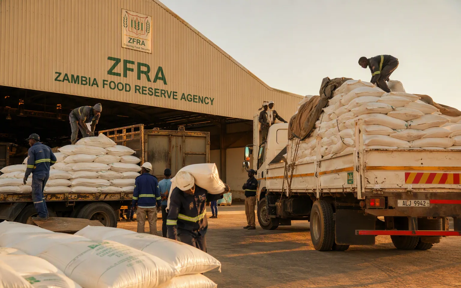 Trucks loaded with maize bags at a Food Reserve Agency depot