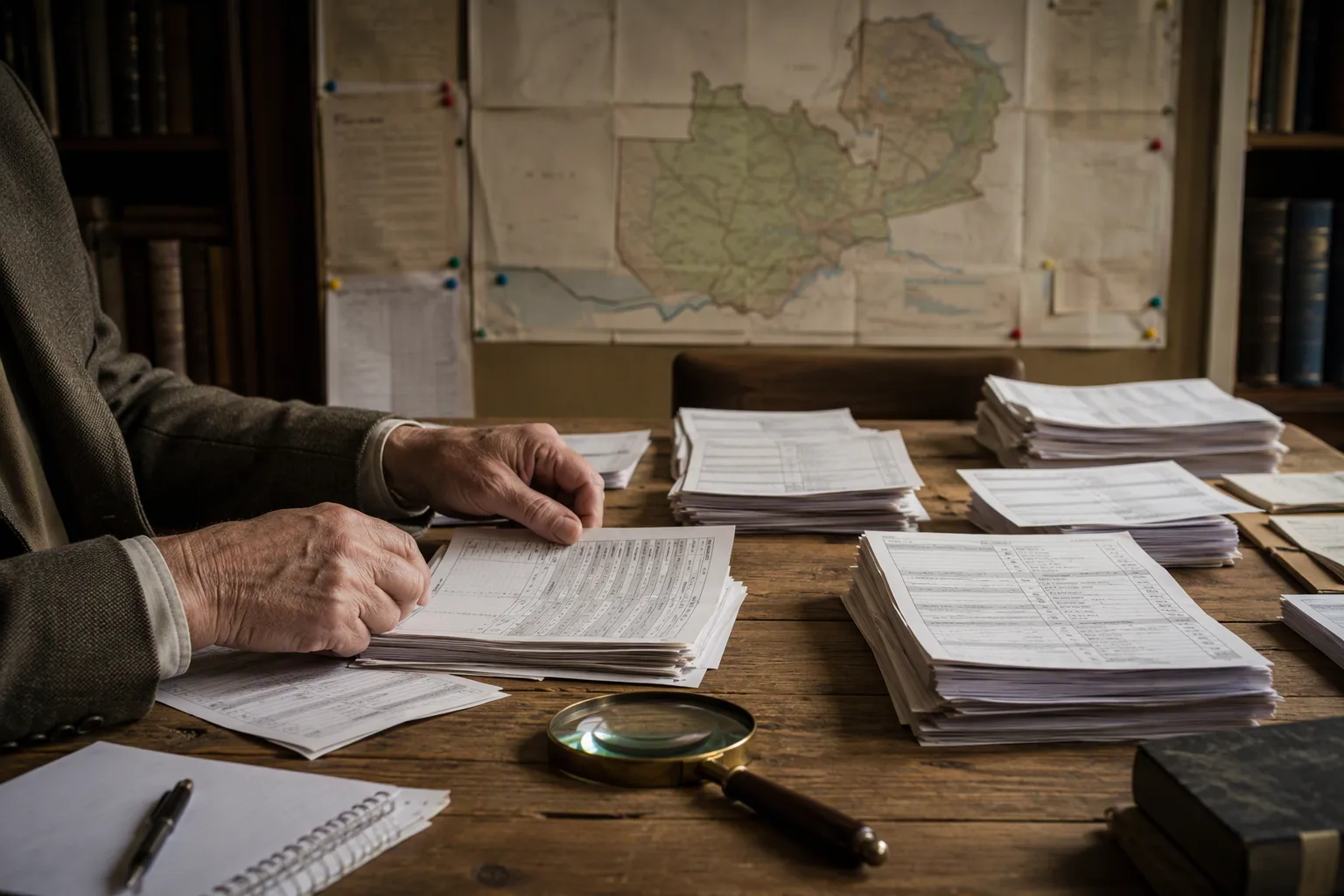 Stacks of polling-station result forms and a magnifying glass on a scholar's desk, a map of Zambia on the wall
