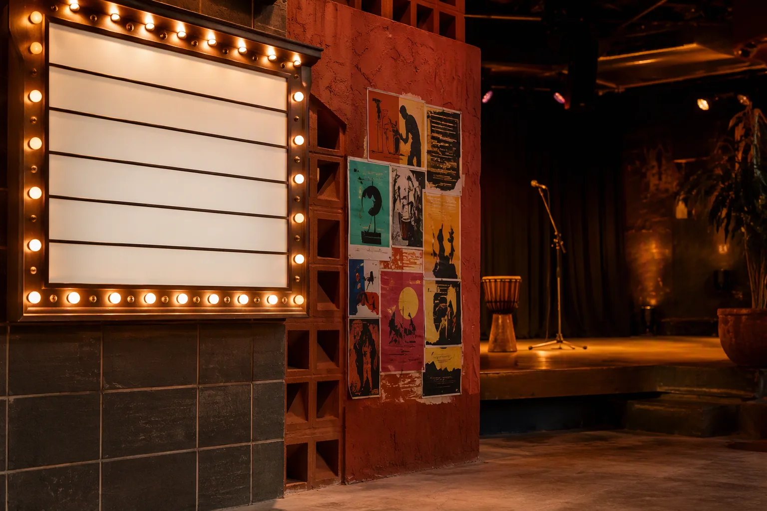 A stack of festival posters and a microphone stand at the edge of an empty stage, warm light