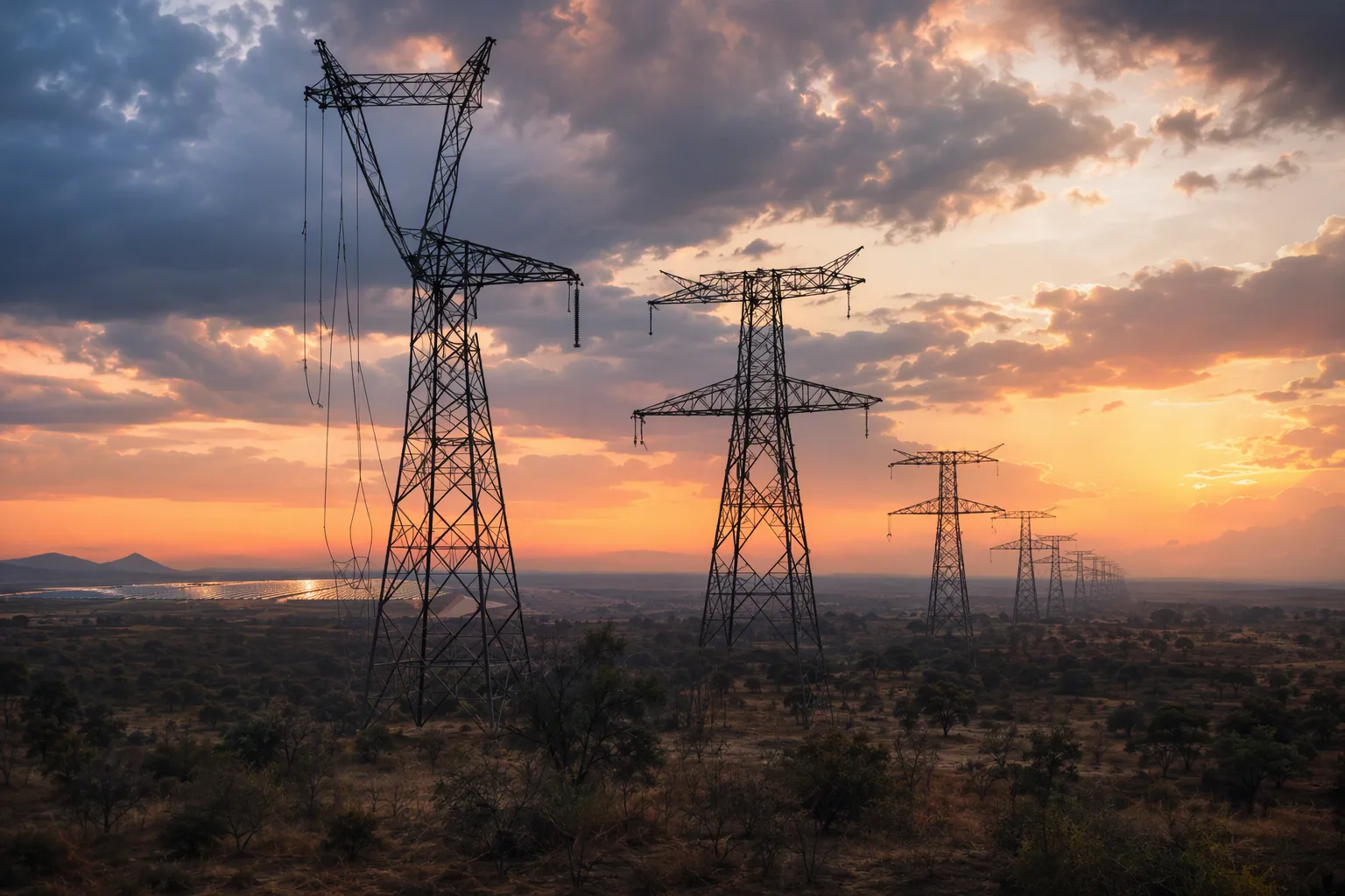 Transmission towers crossing dry savanna at dusk, one unfinished, a solar farm glinting on the horizon
