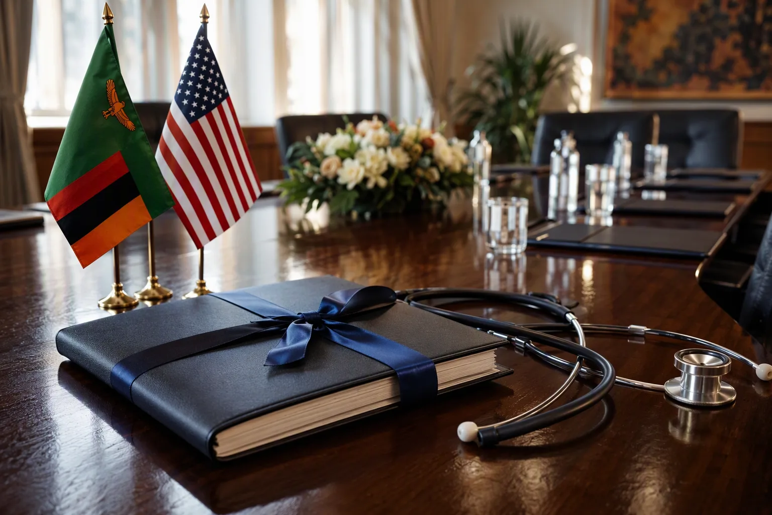 A closed signed document folder with a ribbon on a polished table, a stethoscope beside it, small Zambian and American flags