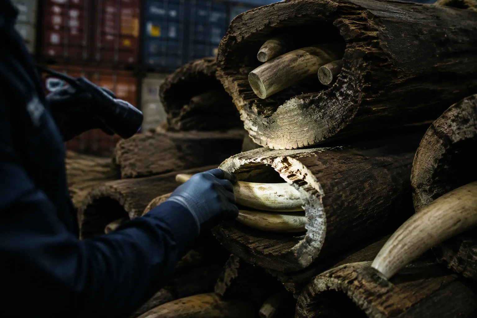 Elephant tusks hidden inside hollowed timber logs in a customs warehouse, a flashlight beam across them