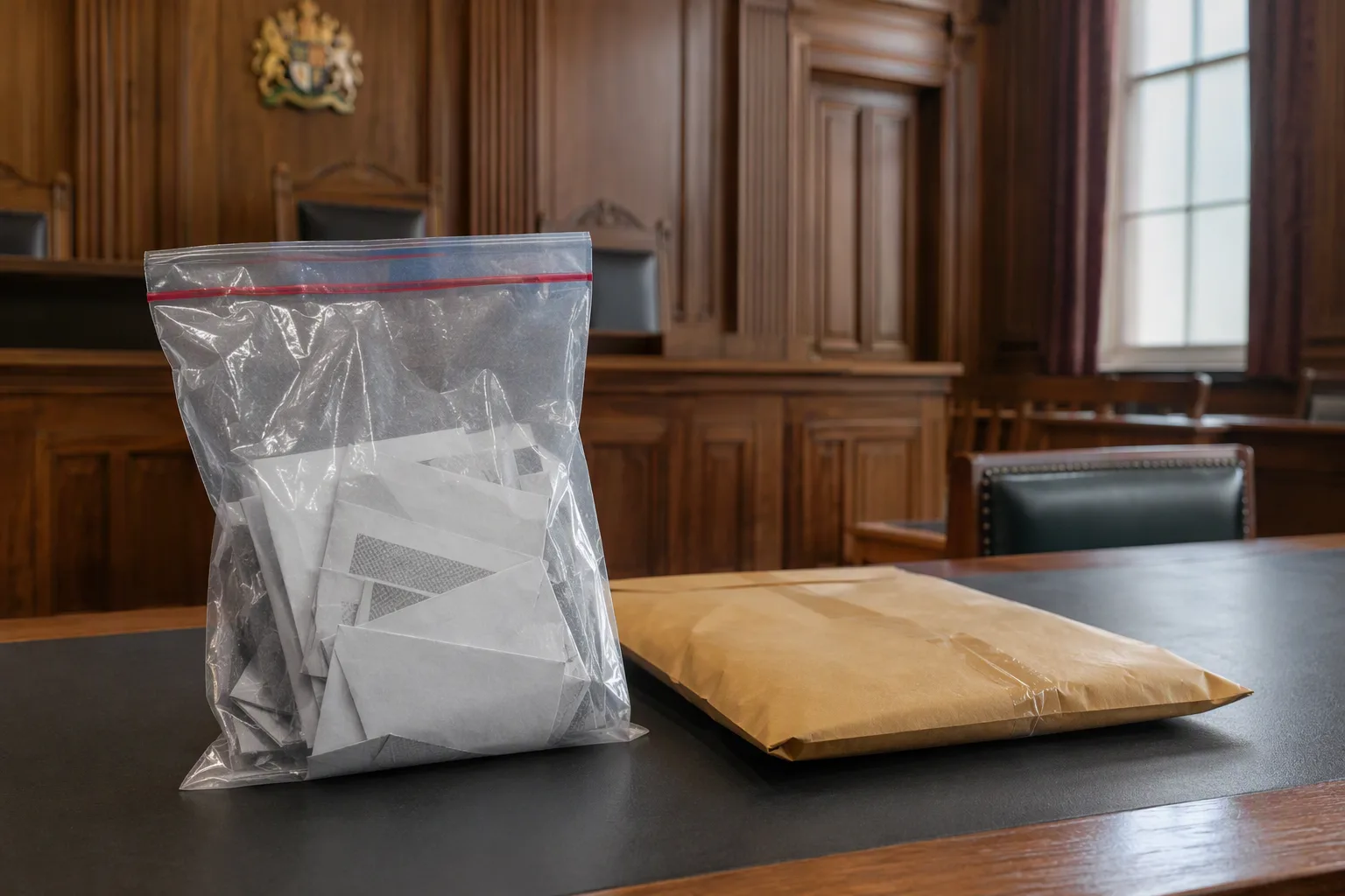 An evidence bag with folded ballot papers and a sealed envelope on a courtroom exhibit table